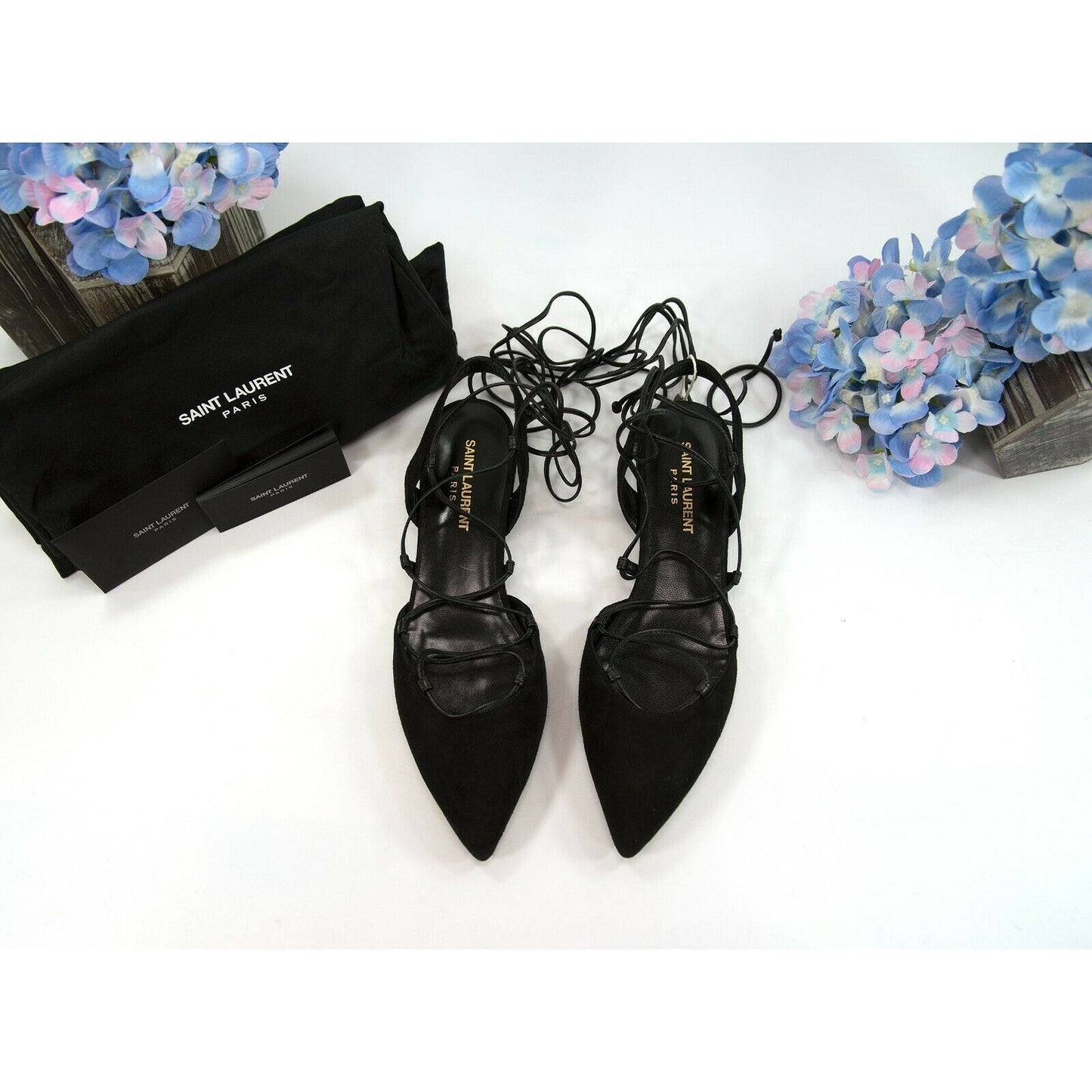 Saint Laurent Black Suede Leather Ankle Lace Flats Size 36 NIB