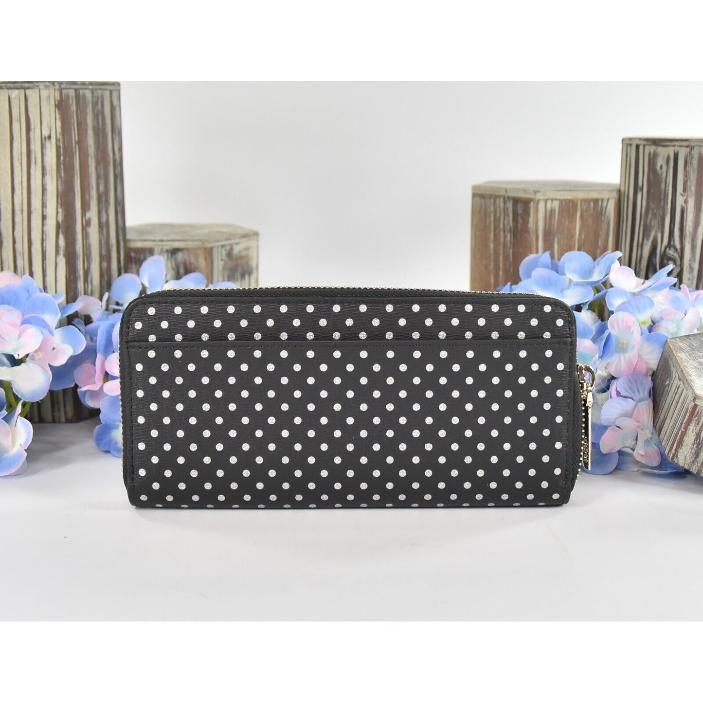 Kate Spade Black Silver Metallic Dot Leather Spencer Zip Around Lacey Wallet NWT