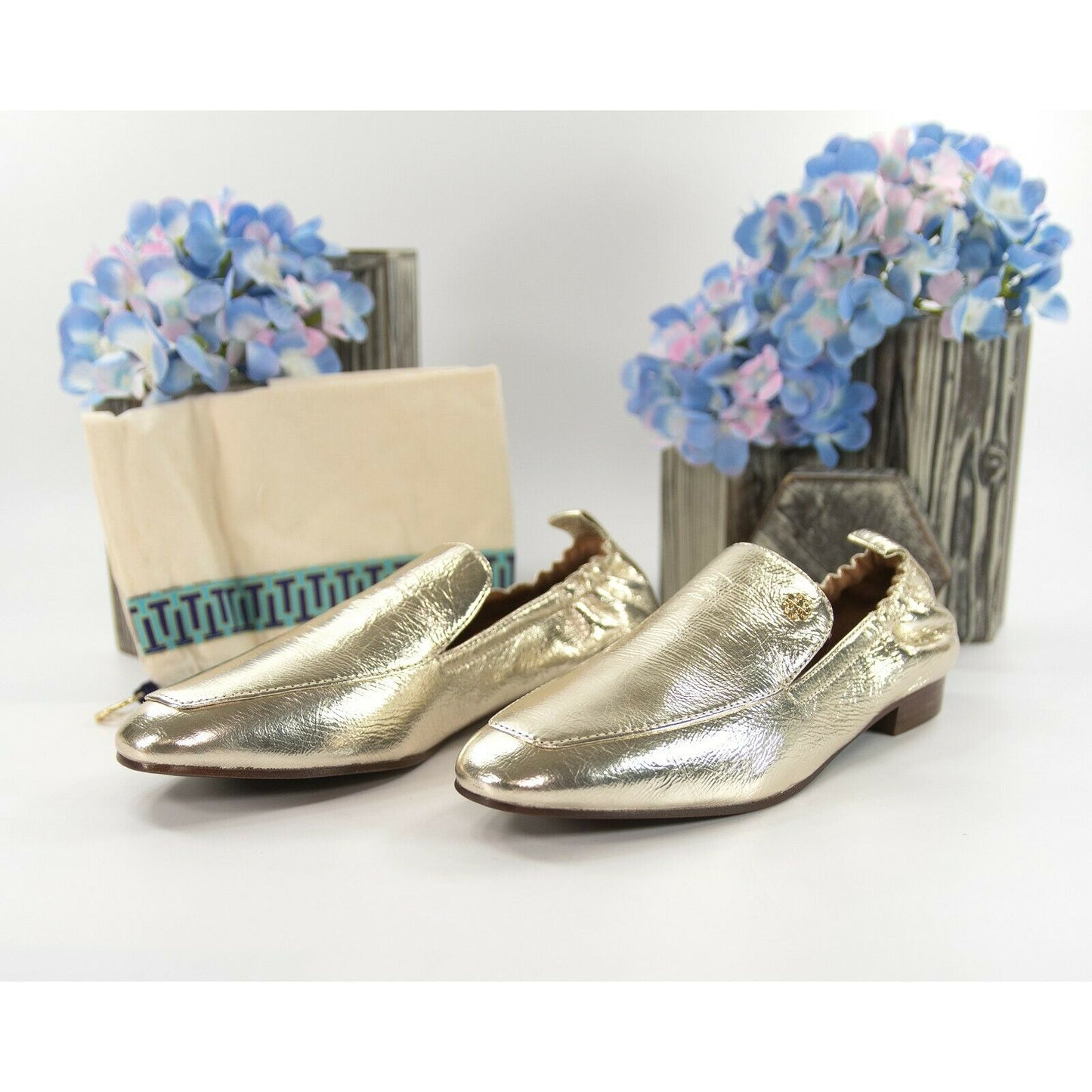 Tory Burch Kira 20MM Spark Gold Metallic Leather Elastic Loafer Sz 6 NIB