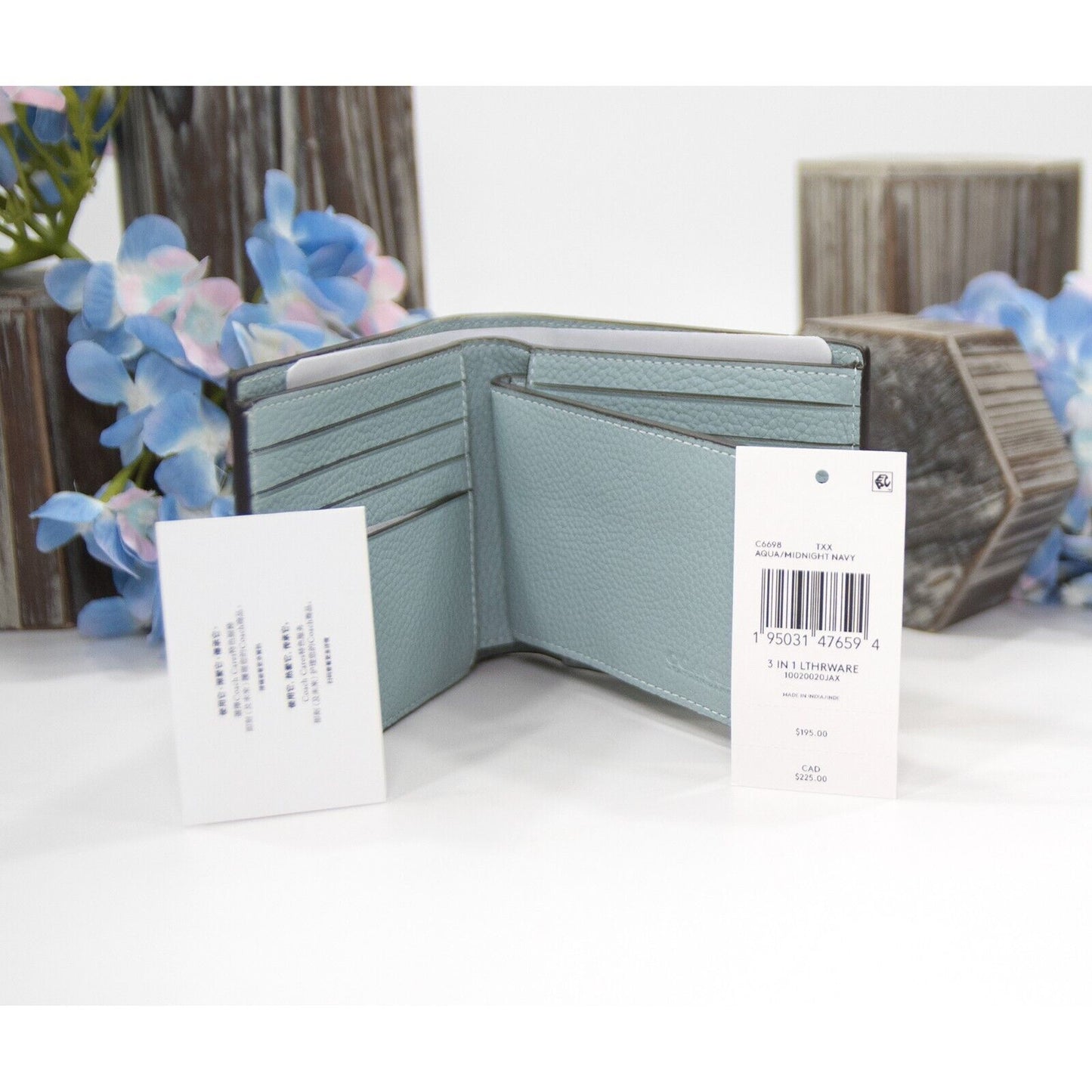 Coach Mens Logo Embossed Aqua Navy Leather Bifold Billfold Wallet NWT