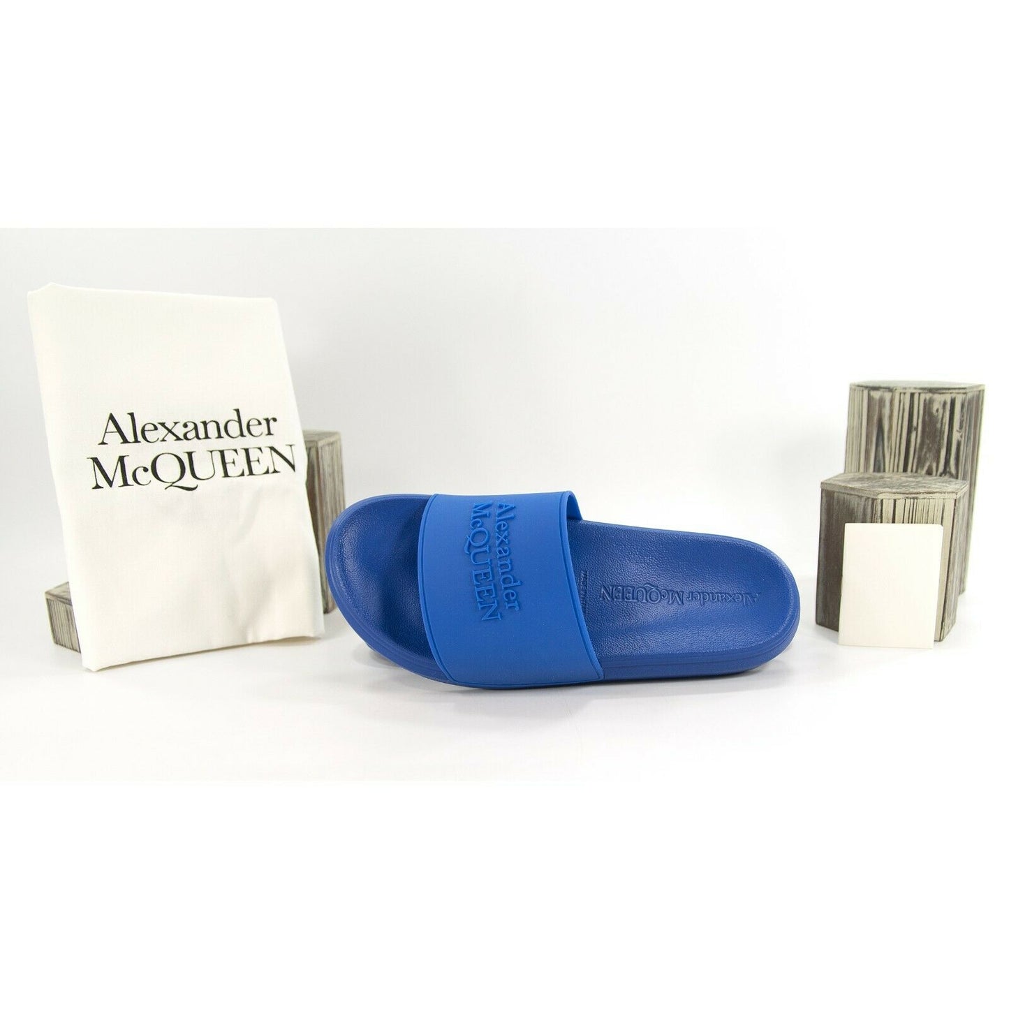Alexander McQueen Blue Embossed Logo Leather Rubber Pool Slides 40.5 NIB