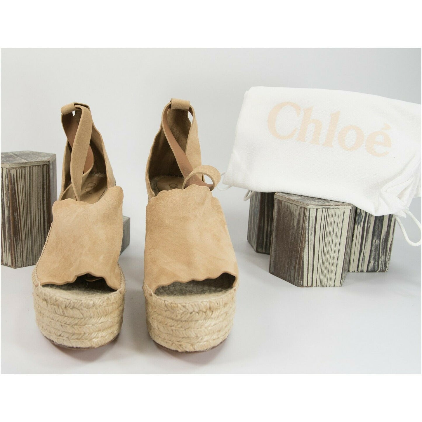 Chloe Lauren Reef Shell Suede Espadrille Wedge Heels Sandals Size 40 10 NIB