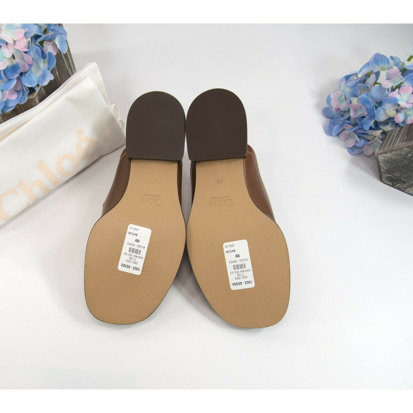 Chloe Brown Leather Gail Cut Out Flat Mules Slides Sz 38 NIB