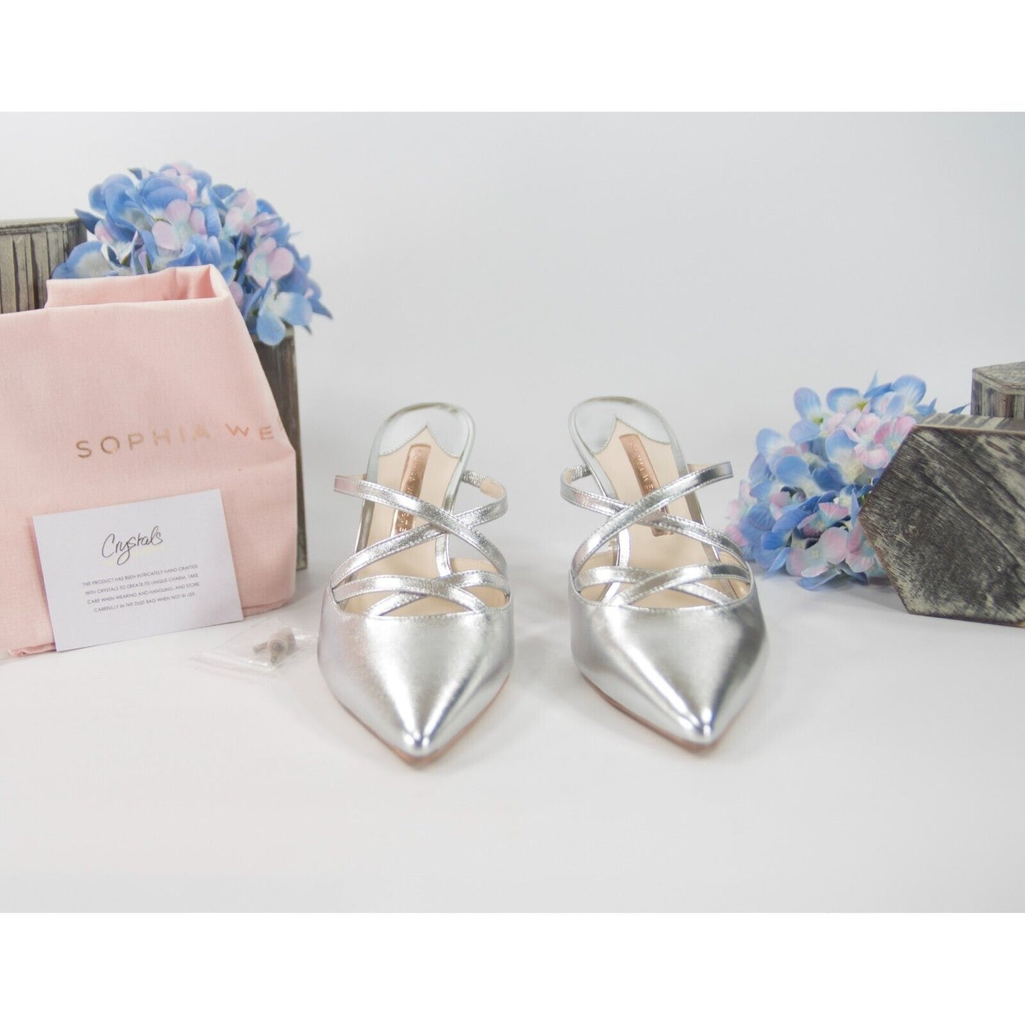 Sophia Webster Coco Silver Metallic Leather Crystal Slides Heels Sz 36.5 NIB
