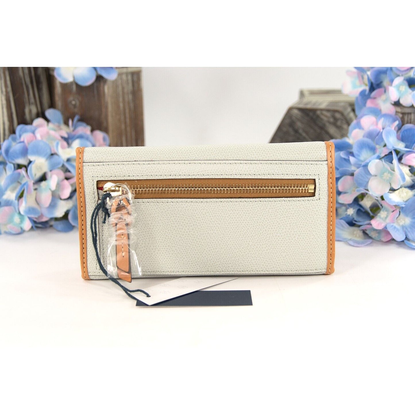 Dooney & Bourke Claremont Ice Blue and Natural Leather Trifold Wallet NWT