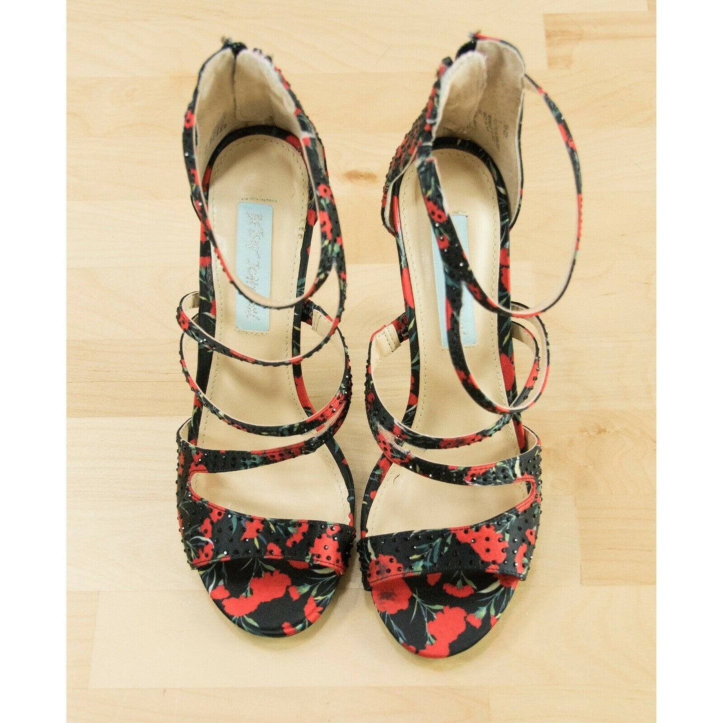 Betsey Johnson Izzy Black Red Satin Crystal Ankle Strap Stiletto Heels 6 NIB