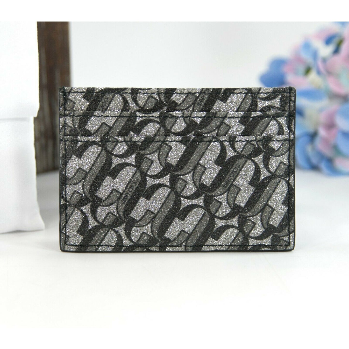 Jimmy Choo Umika Silver Black Grey Monogram Glitter Card Case Holder Wallet NWT