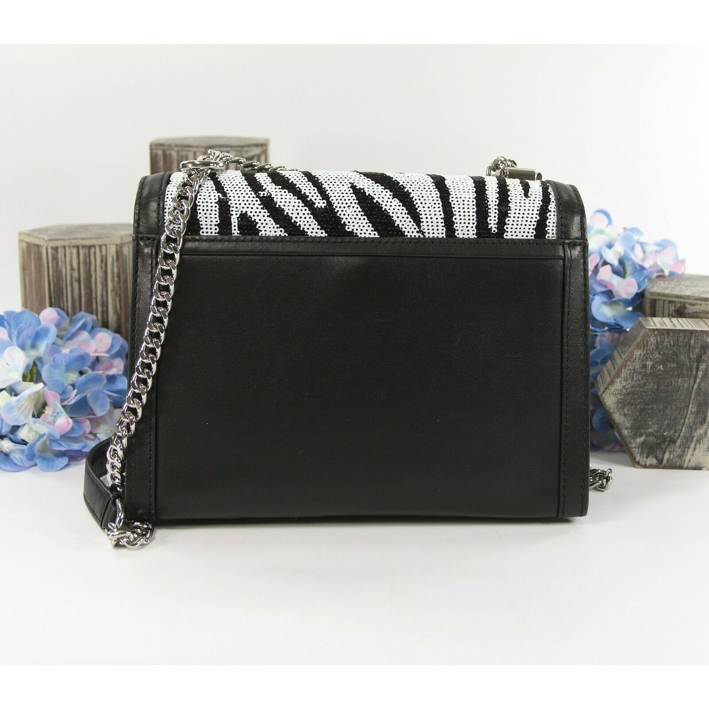 Michael Kors Whitney Zebra Sequin Black Leather Large Crossbody NWT DEFECT!