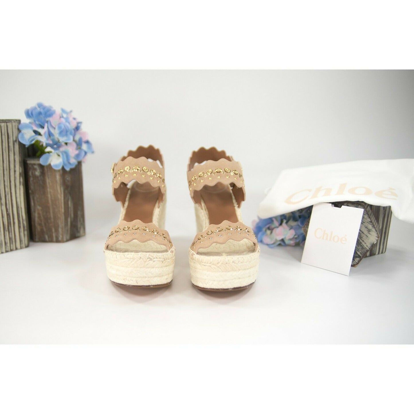 Chloe Lauren Studded Grommet Suede Espadrille Wedge Heels Sandals Size 37 NIB