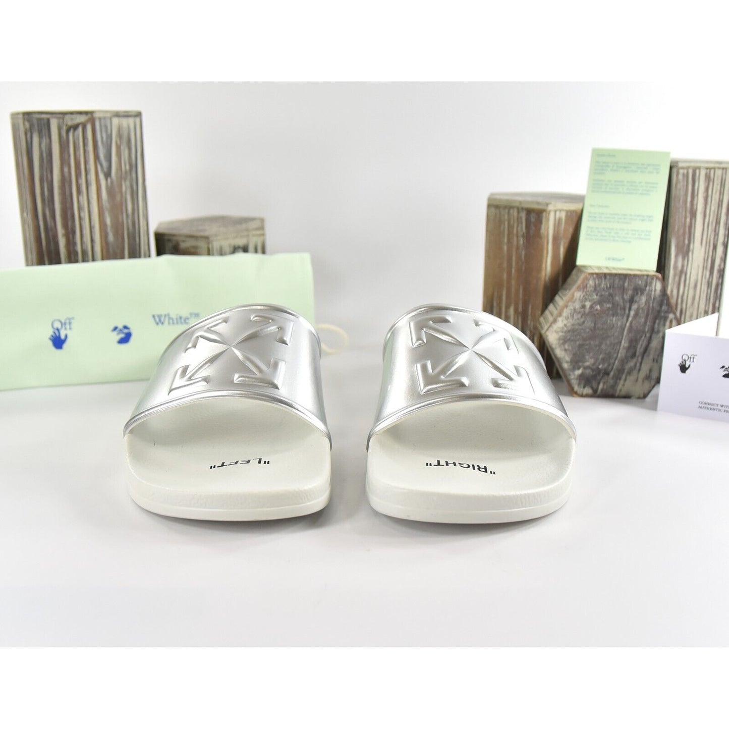 Off-White HF Mirror Silver Arrow Embossed Logo Rubber Pool Slides 43 NIB