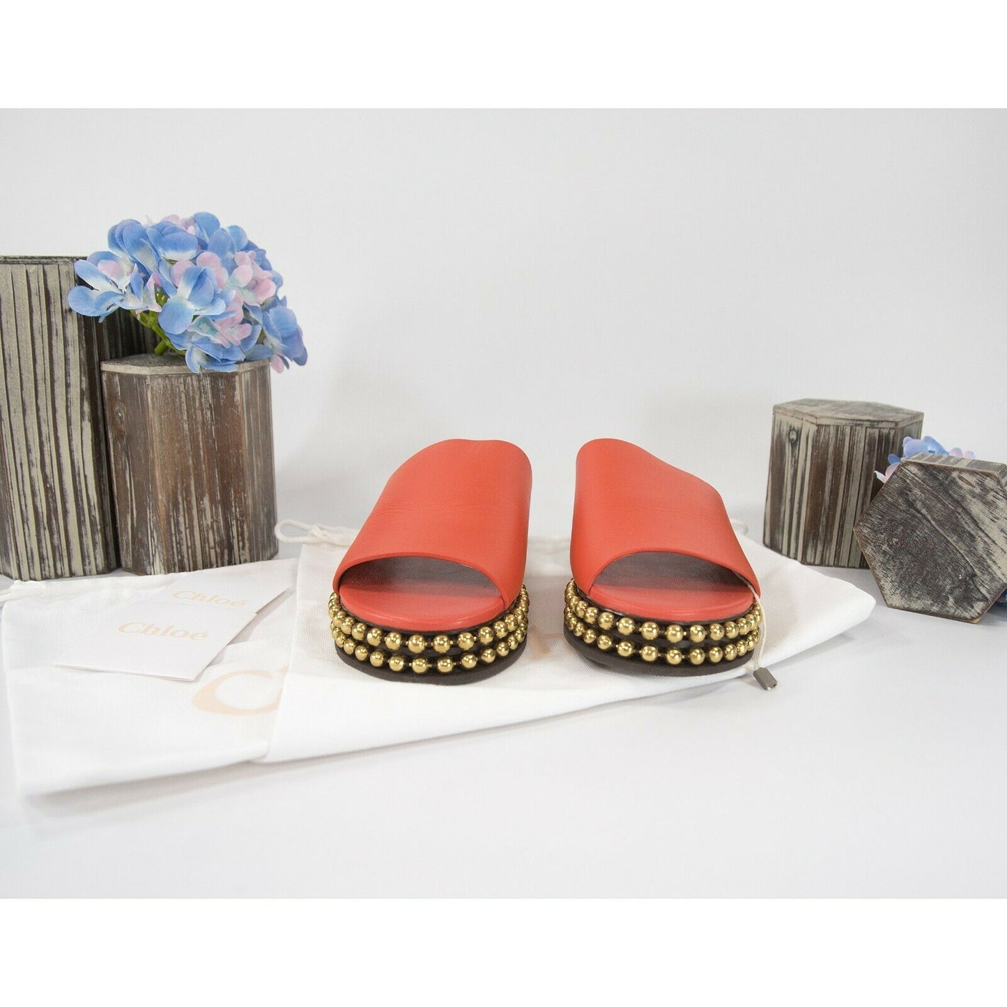 Chloe Orange Leather Bead Chain Flat Mules Slides Sz 37 NIB