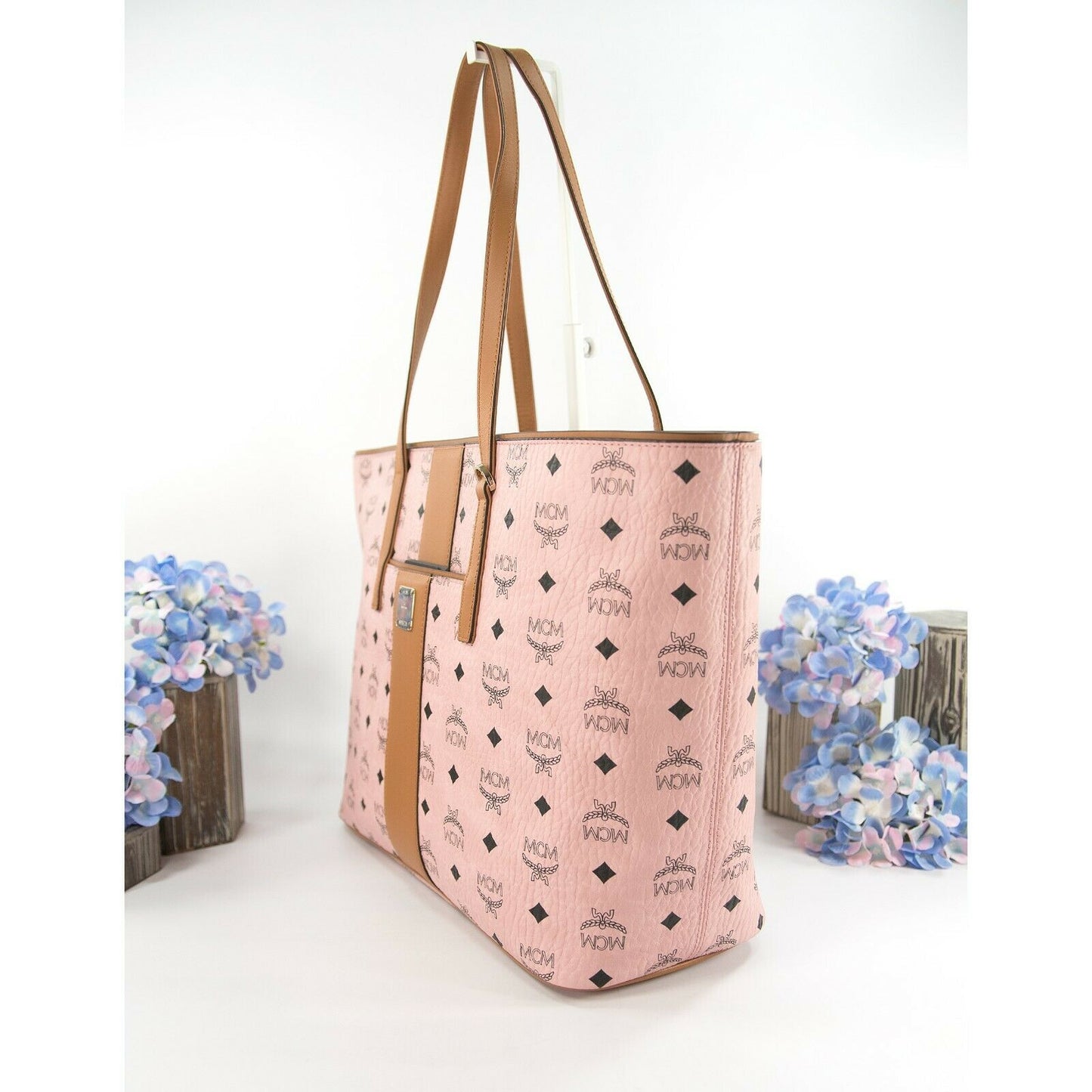 MCM Anya Baby Pink Visetos Logo Stripe Large Tote Bag NWT