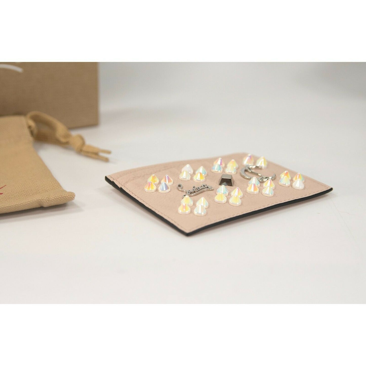 Christian Louboutin Kios Iridescent Studded Pink Leather Card Case Wallet NWT