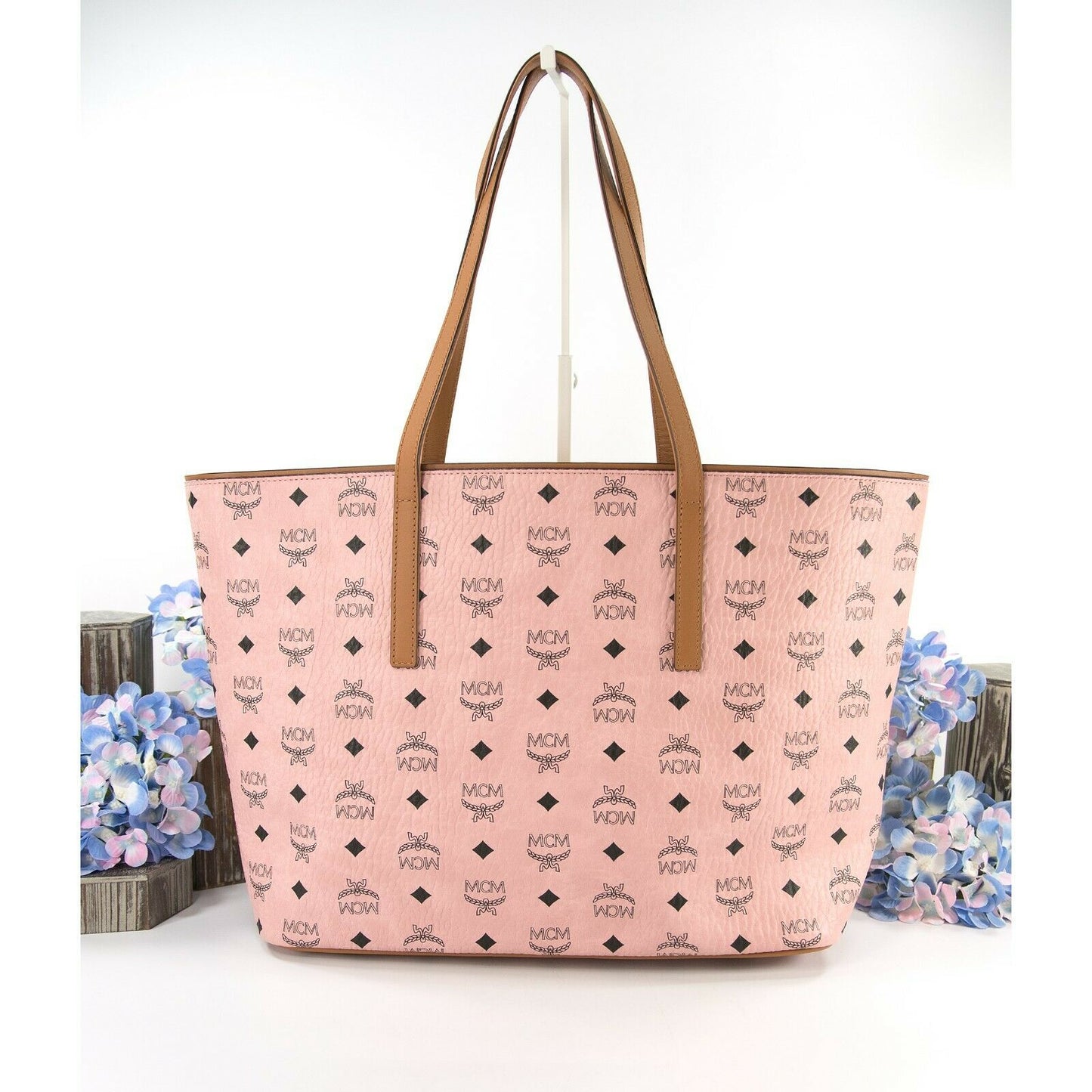 MCM Anya Baby Pink Visetos Logo Stripe Large Tote Bag NWT