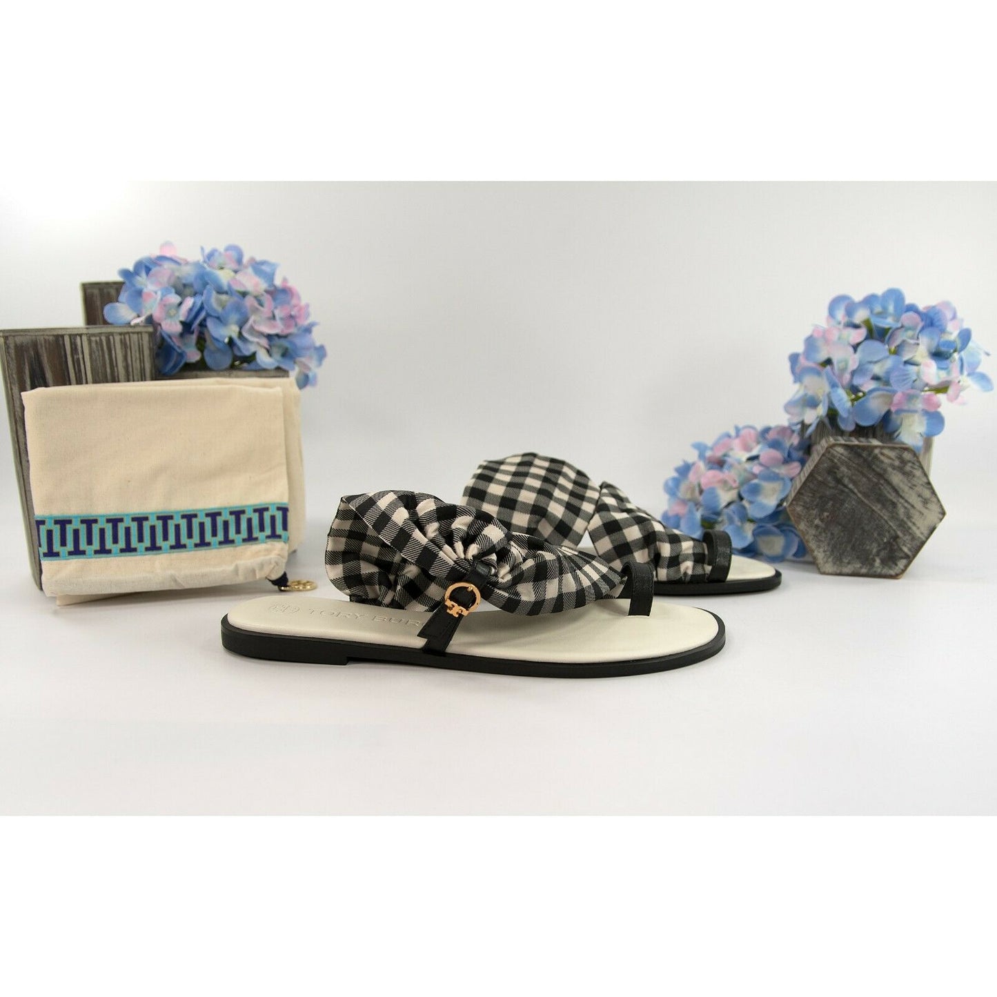 Tory Burch Black New Ivory Gingham Twill Leather Selby Scarf Sandals Size 8 NIB