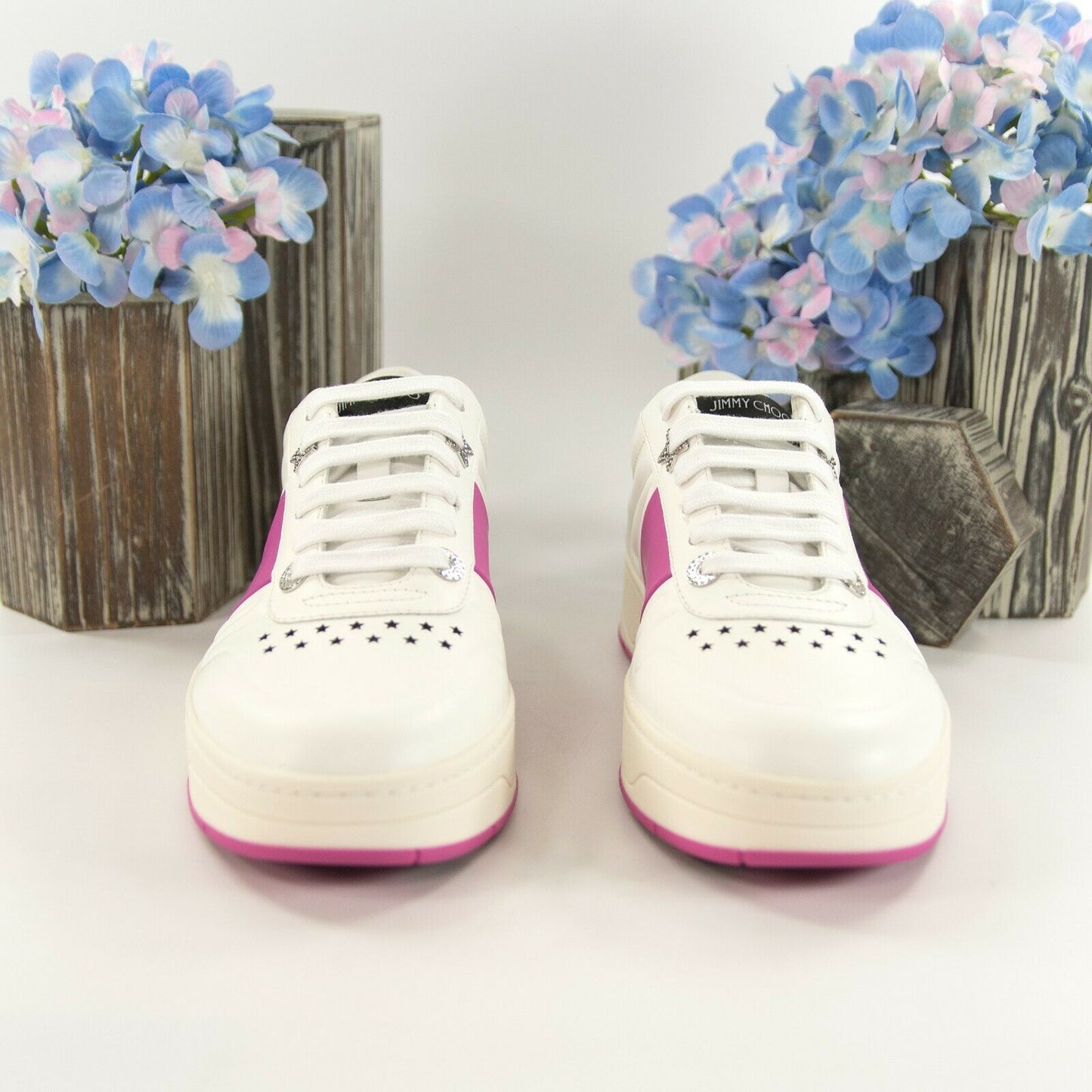 Jimmy Choo Hawaii Fuchsia Stripe Leather Flatform Sneakers 38 NIB