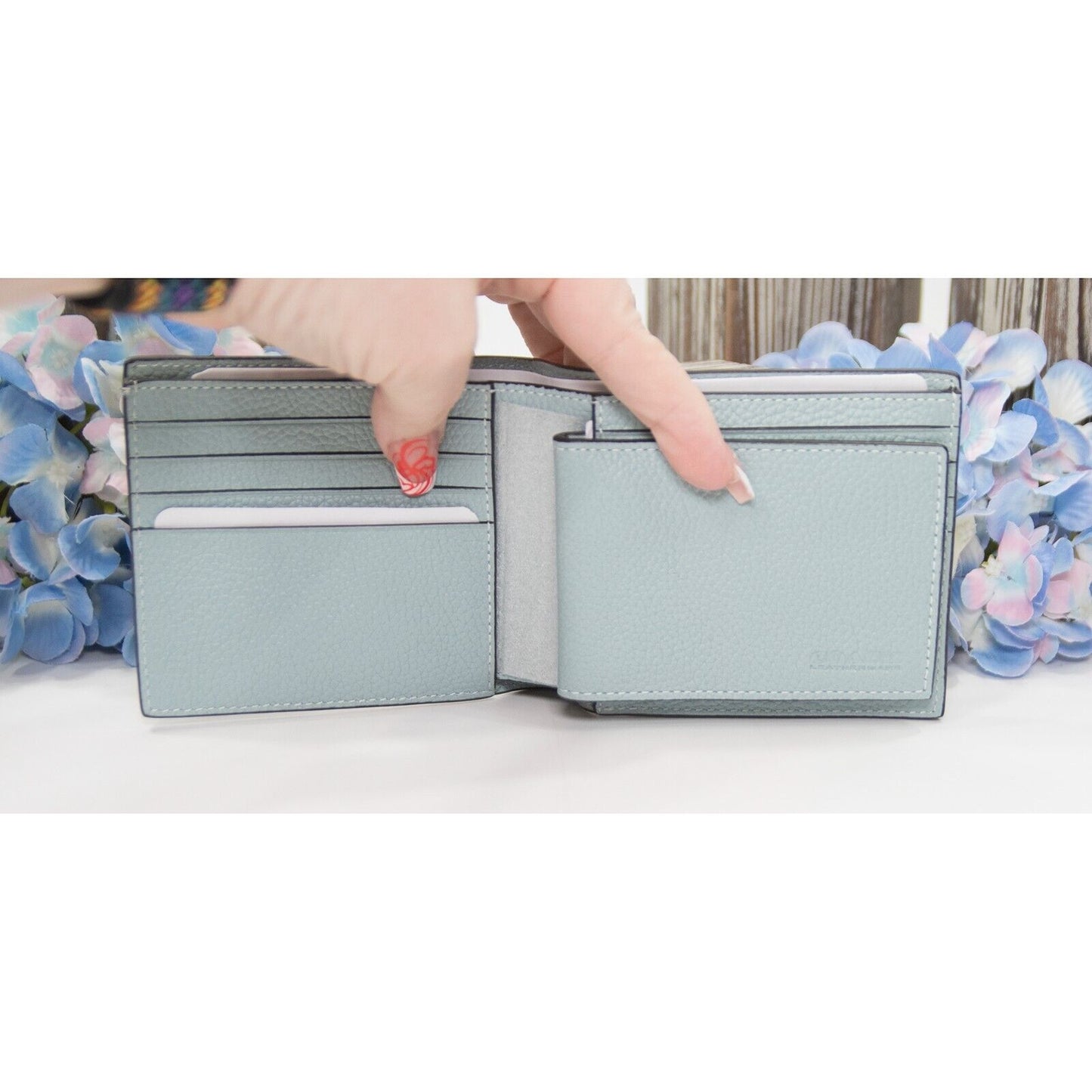 Coach Mens Logo Embossed Aqua Navy Leather Bifold Billfold Wallet NWT