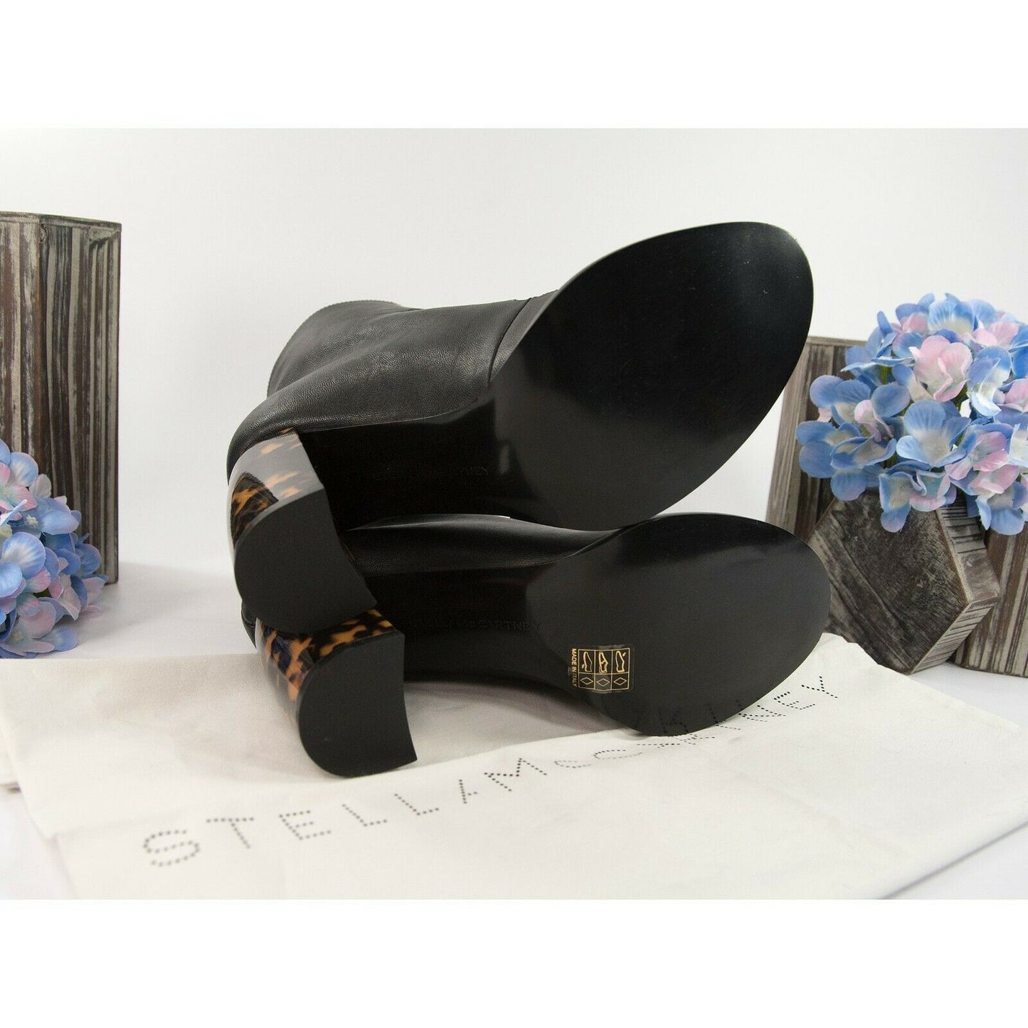 Stella McCartney Black Faux Leather Vegan Posie Bootie Tortoise Heels 37.5 NIB