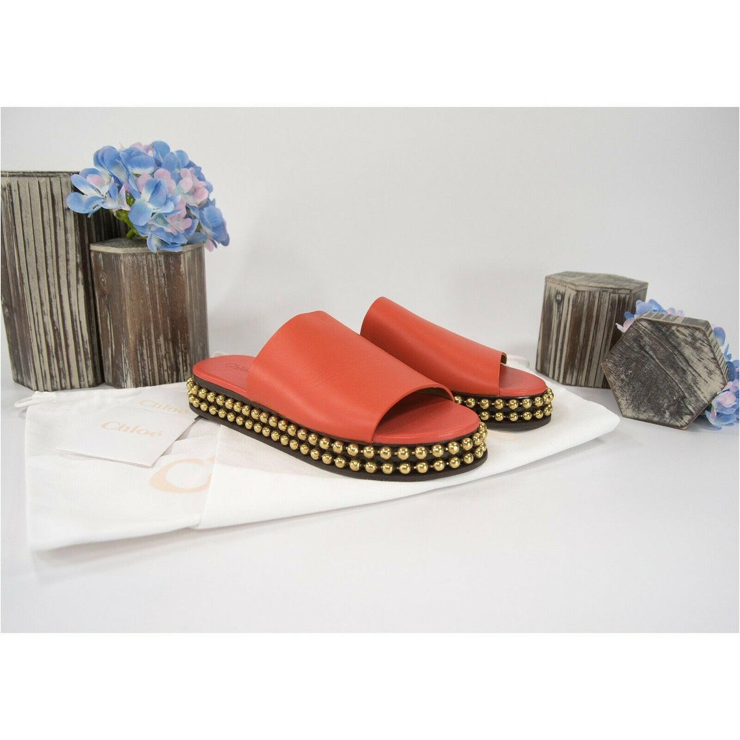 Chloe Orange Leather Bead Chain Flat Mules Slides Sz 37 NIB