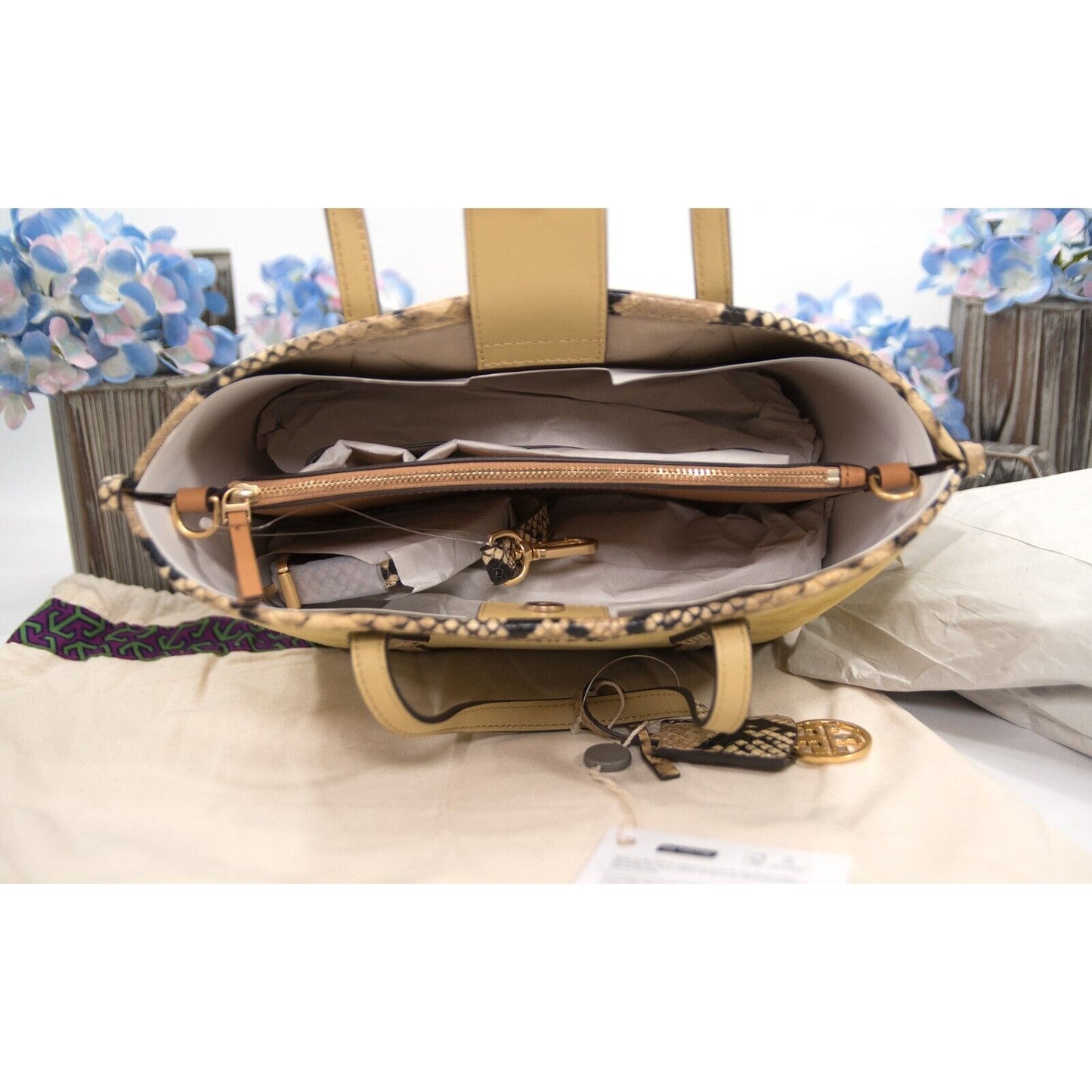 Tory Burch Perry Cornbread Suede Exotic Snake Small Triple Compartment Tote BNWT