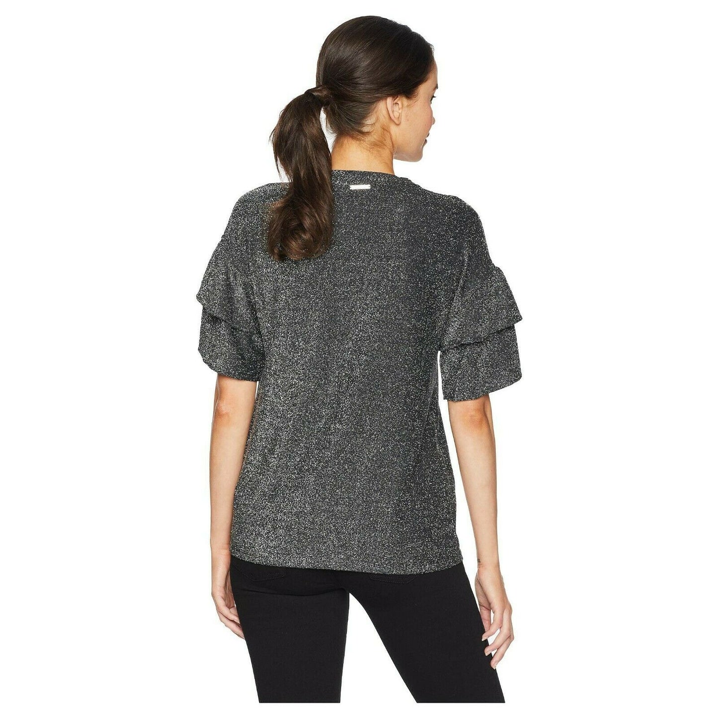 Michael Kors Silver Black Glitter Metallic Ruffle Sleeve Knit Blouse Top S NWT