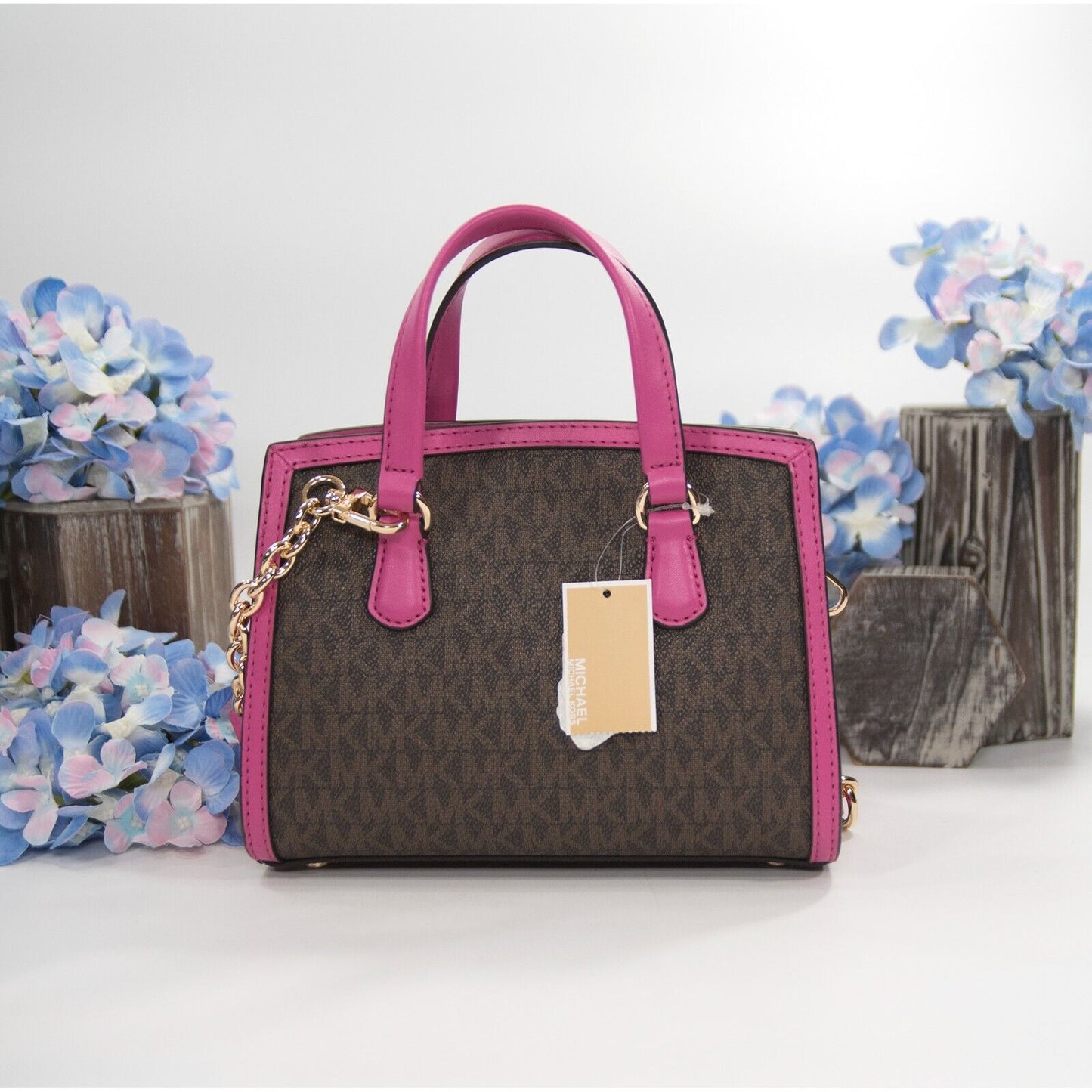 Michael Kors Brown Monogram Cerise Leather Chantal Mini Satchel Bag NWT
