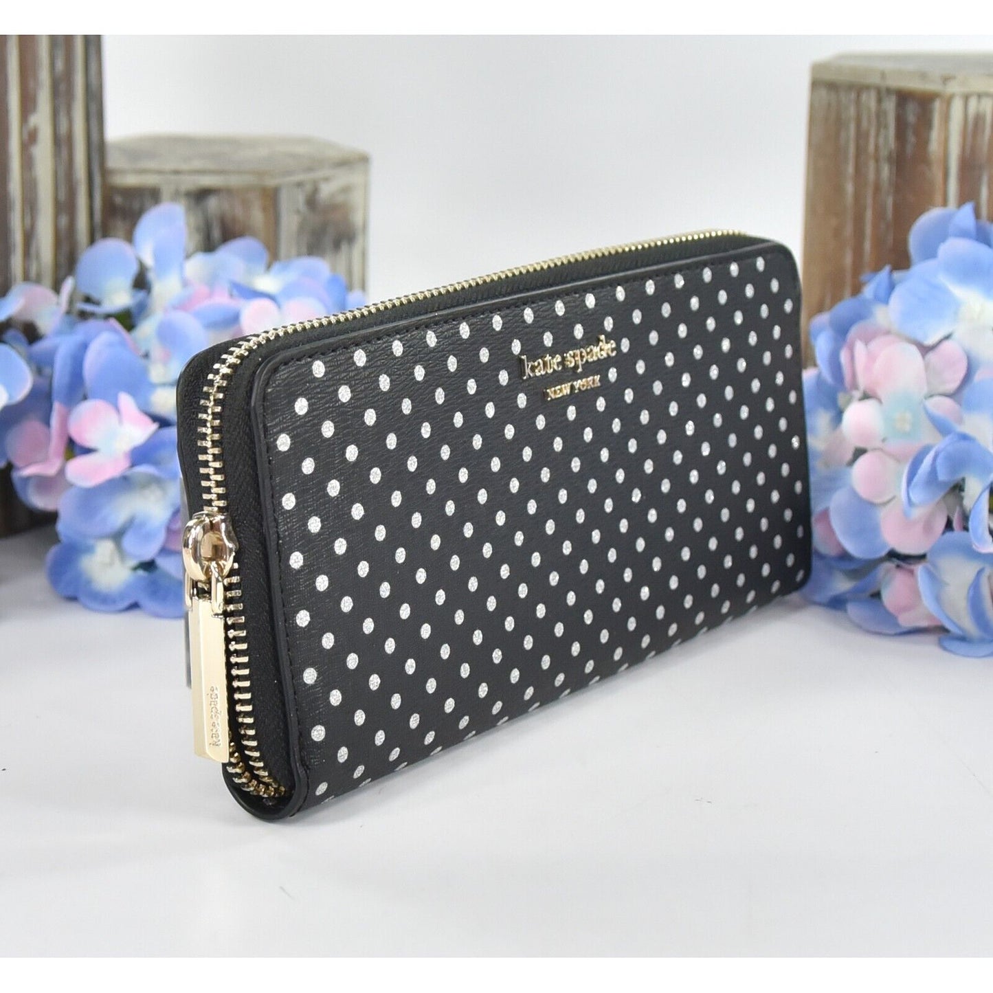 Kate Spade Black Silver Metallic Dot Leather Spencer Zip Around Lacey Wallet NWT