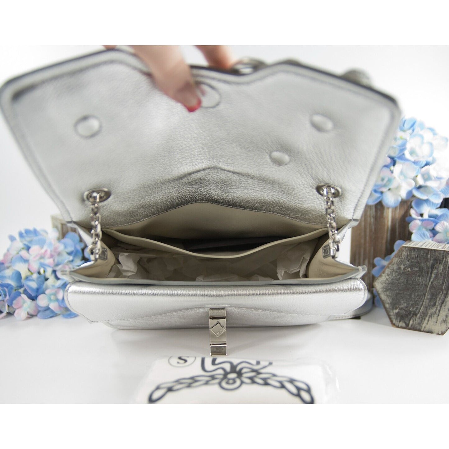 MCM Silver Leather Run Candy Small Crystal Flower Small Flap Shoulder Bag NWT