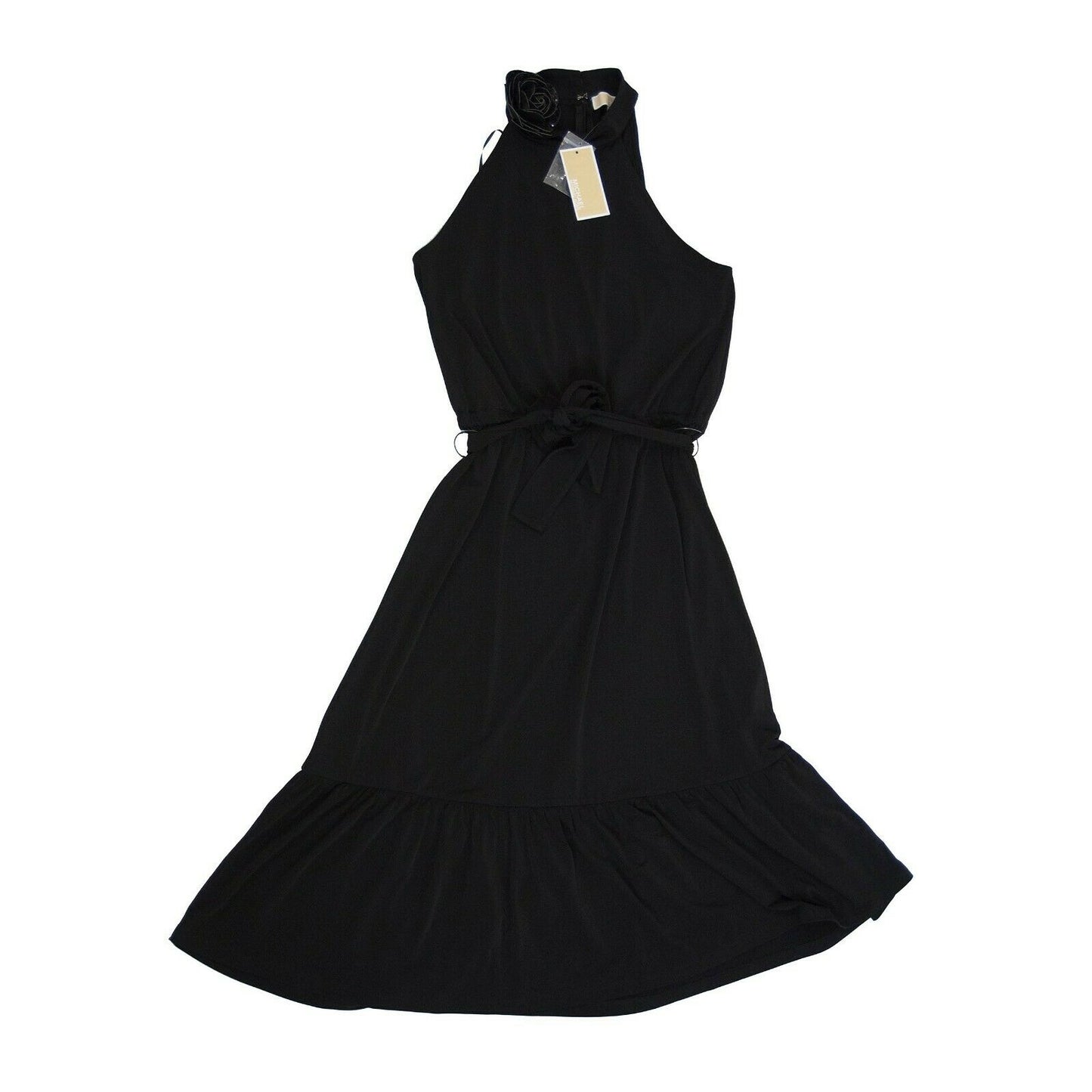 Michael Kors Black Halter Flounce Ruffle Camellia Midi Fit Flare Dress XS NWT