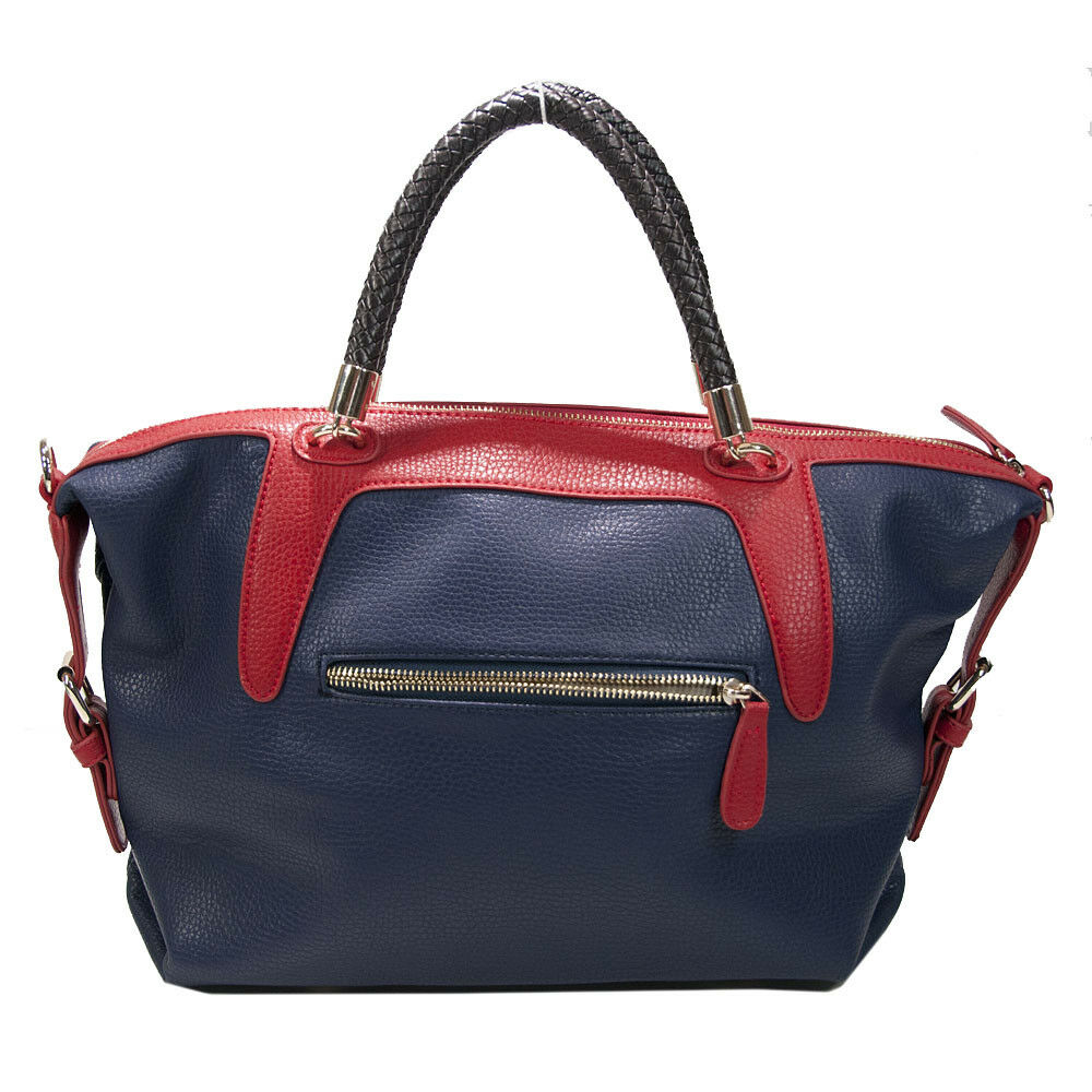 Amrita Singh Colorblock Faux Leather Woven Handle Large Satchel Shoulder Bag NWT