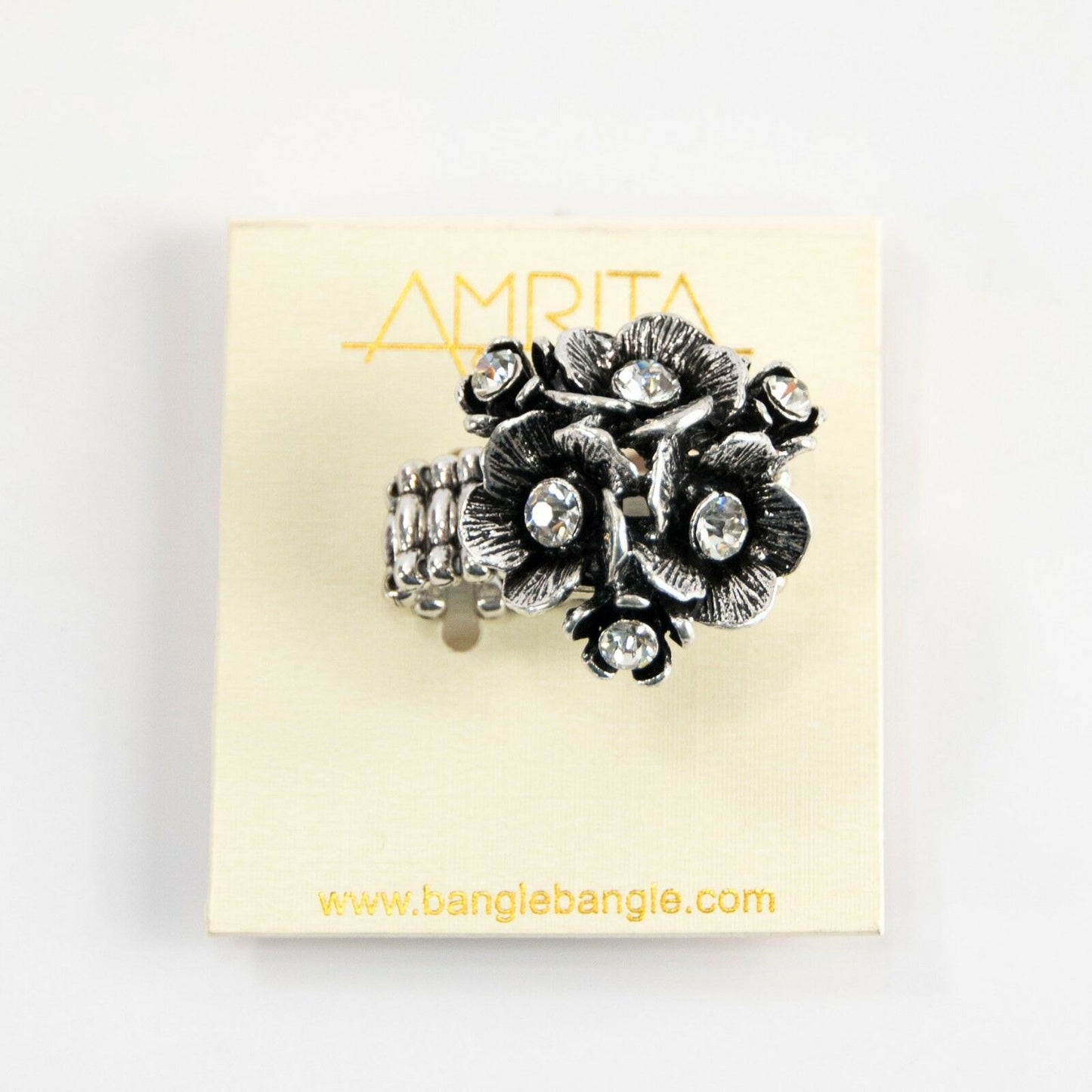 Amrita Singh Silver Crystal Eliza Floral Stretch Cocktail Ring RC 478 NWT