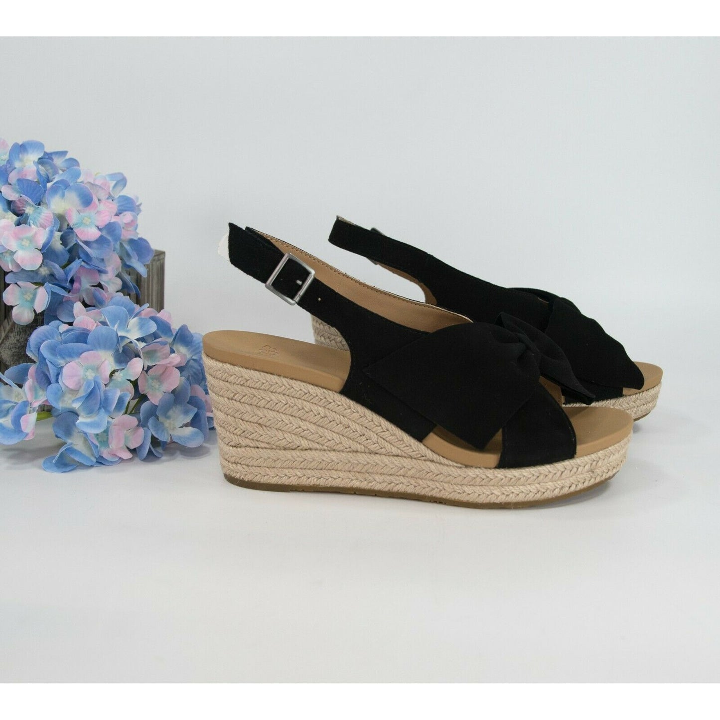 Ugg Camilla Black Suede Bow Front Wedge Heels Sz 8.5 NIB