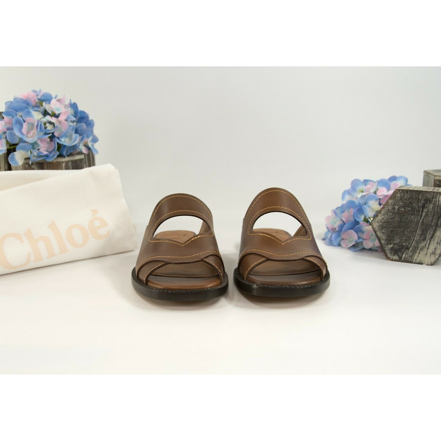 Chloe Brown Leather Gail Cut Out Flat Mules Slides Sz 38 NIB