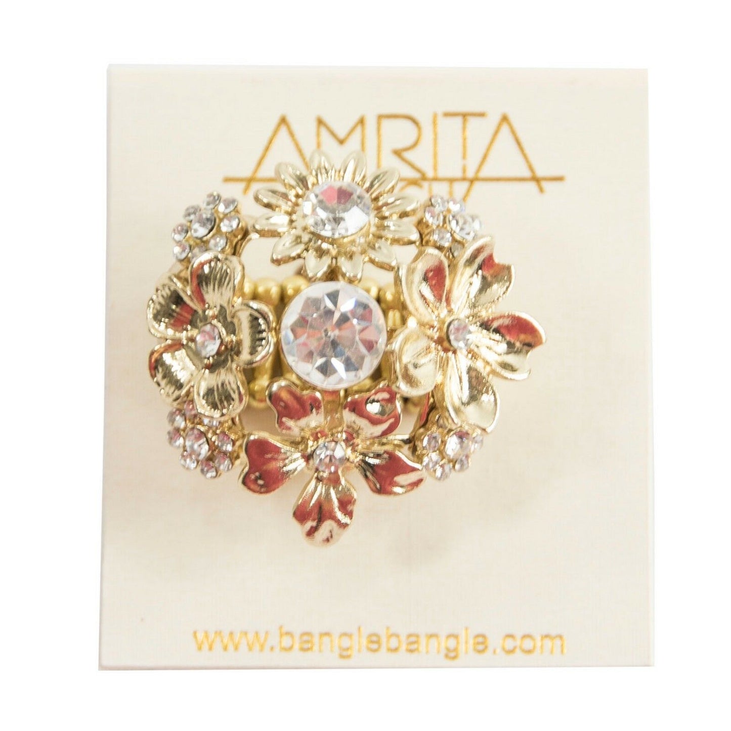 Amrita Singh Gold Crystal Flower Cluster Stretch Cocktail Ring RC 49 NWT