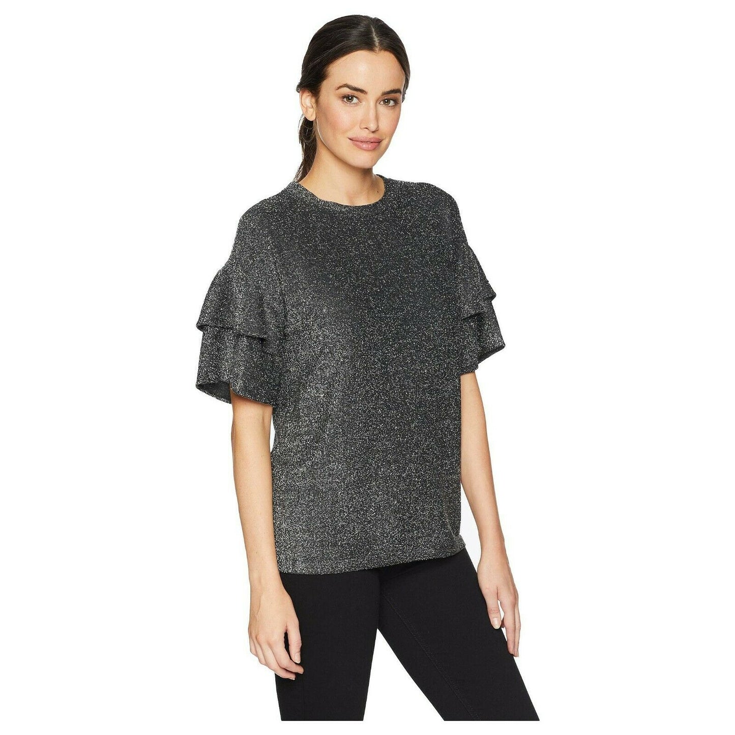 Michael Kors Silver Black Glitter Metallic Ruffle Sleeve Knit Blouse Top S NWT