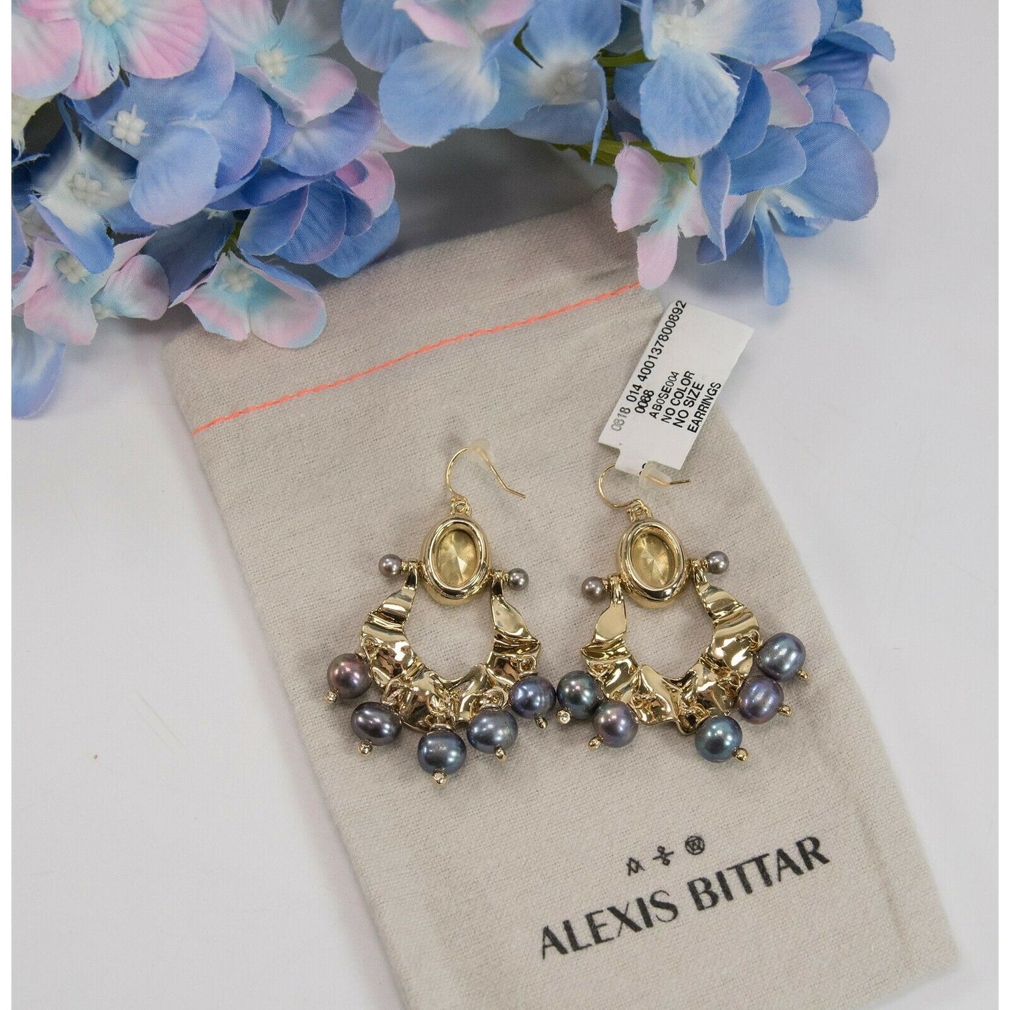Alexis Bittar Gold Navette Crystal Pearl Chandelier Large Drop Earrings NWT