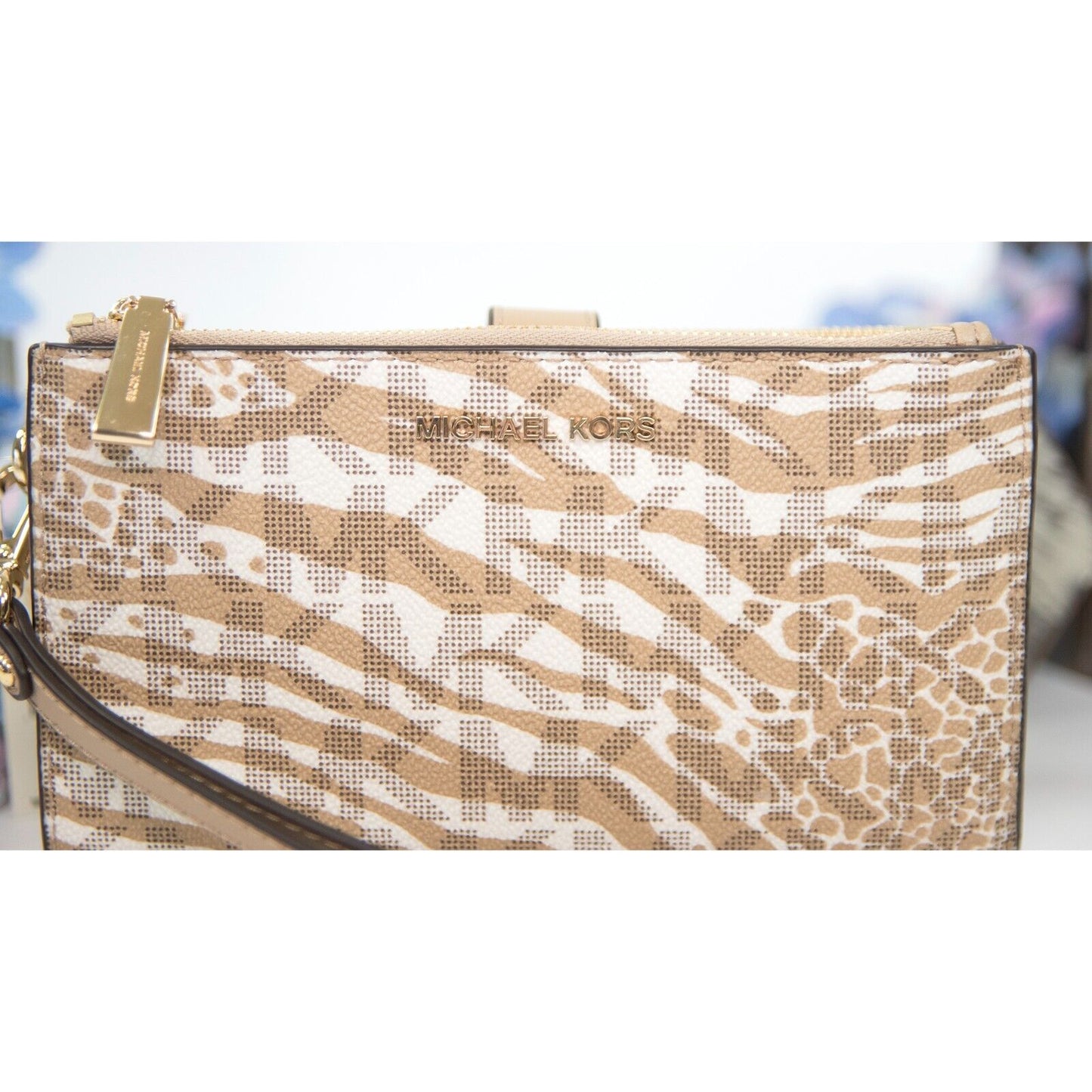 Michael Kors Jet Vanilla Monogram Camel Zebra Double Zip Phone Wallet NWT