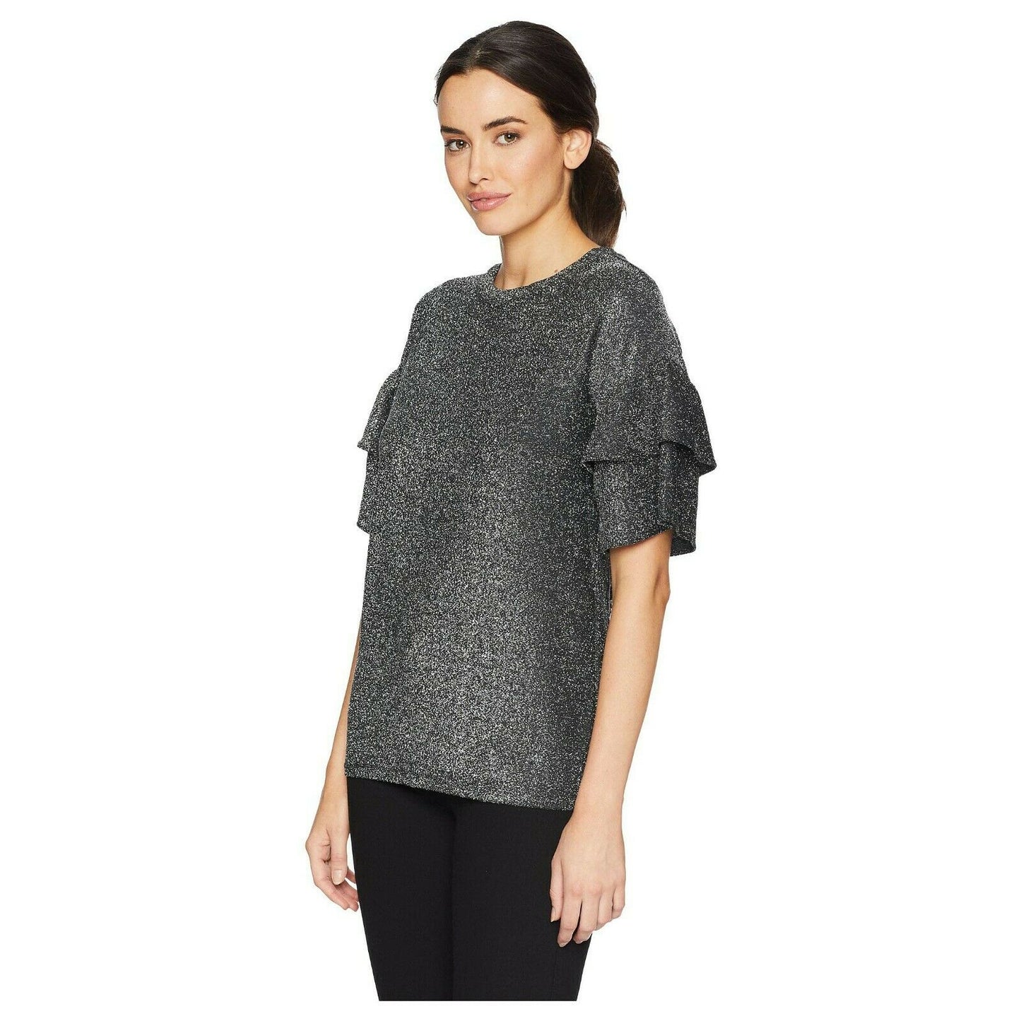 Michael Kors Silver Black Glitter Metallic Ruffle Sleeve Knit Blouse Top S NWT