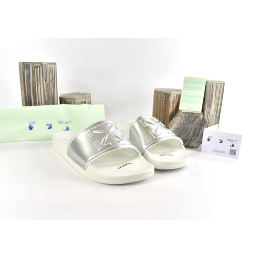 Off-White HF Mirror Silver Arrow Embossed Logo Rubber Pool Slides 43 NIB