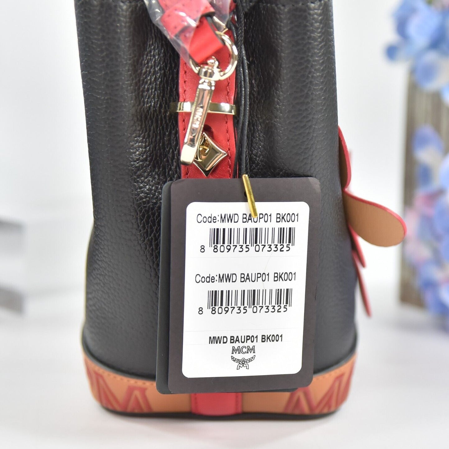 MCM Red Black Goatskin Mini Upcycling Project Flower Milano Drawstring Bag NWT