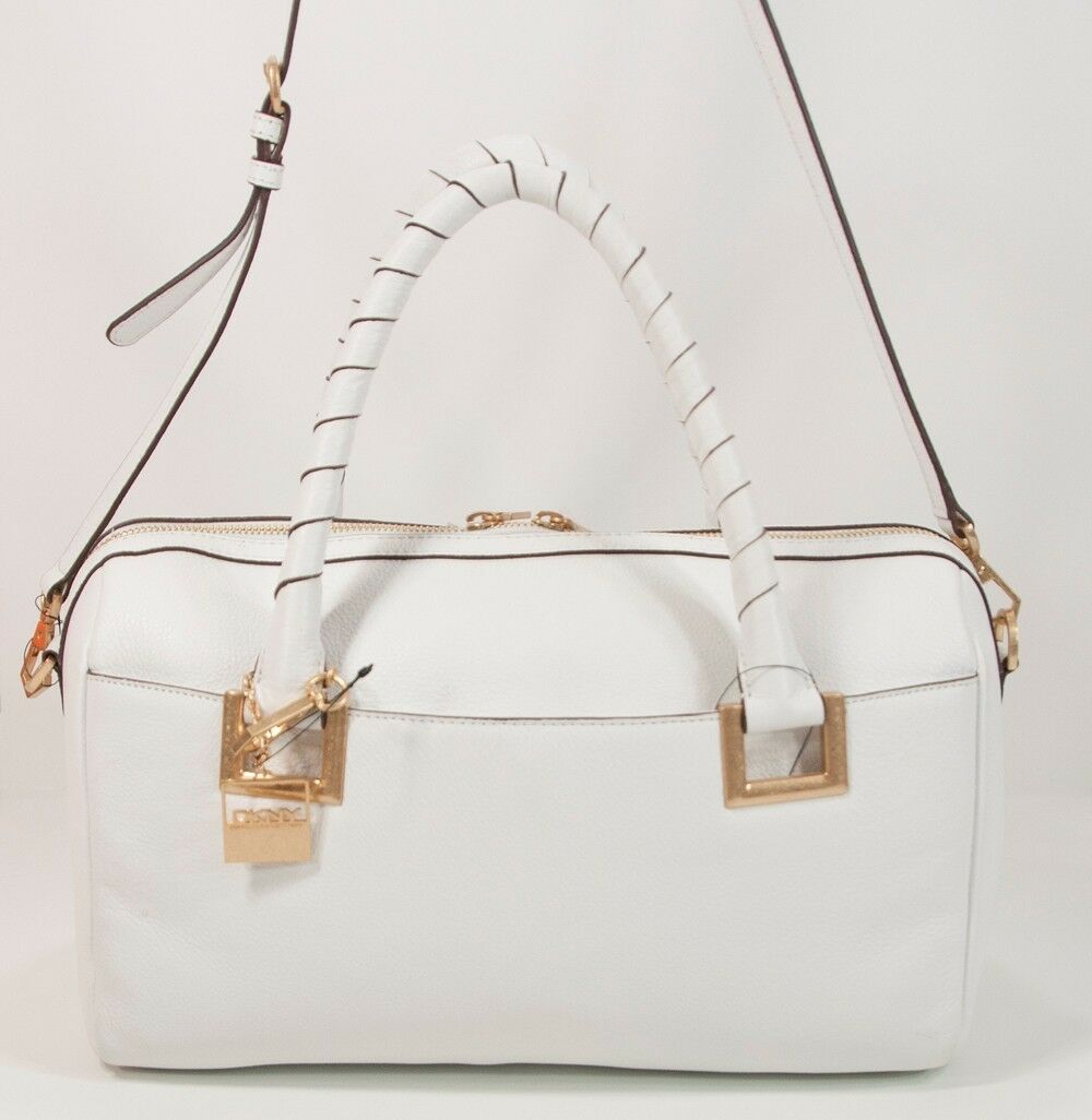 DKNY Crosby White Leather Satchel Large Gold Hardware with Rolled Handles NWT