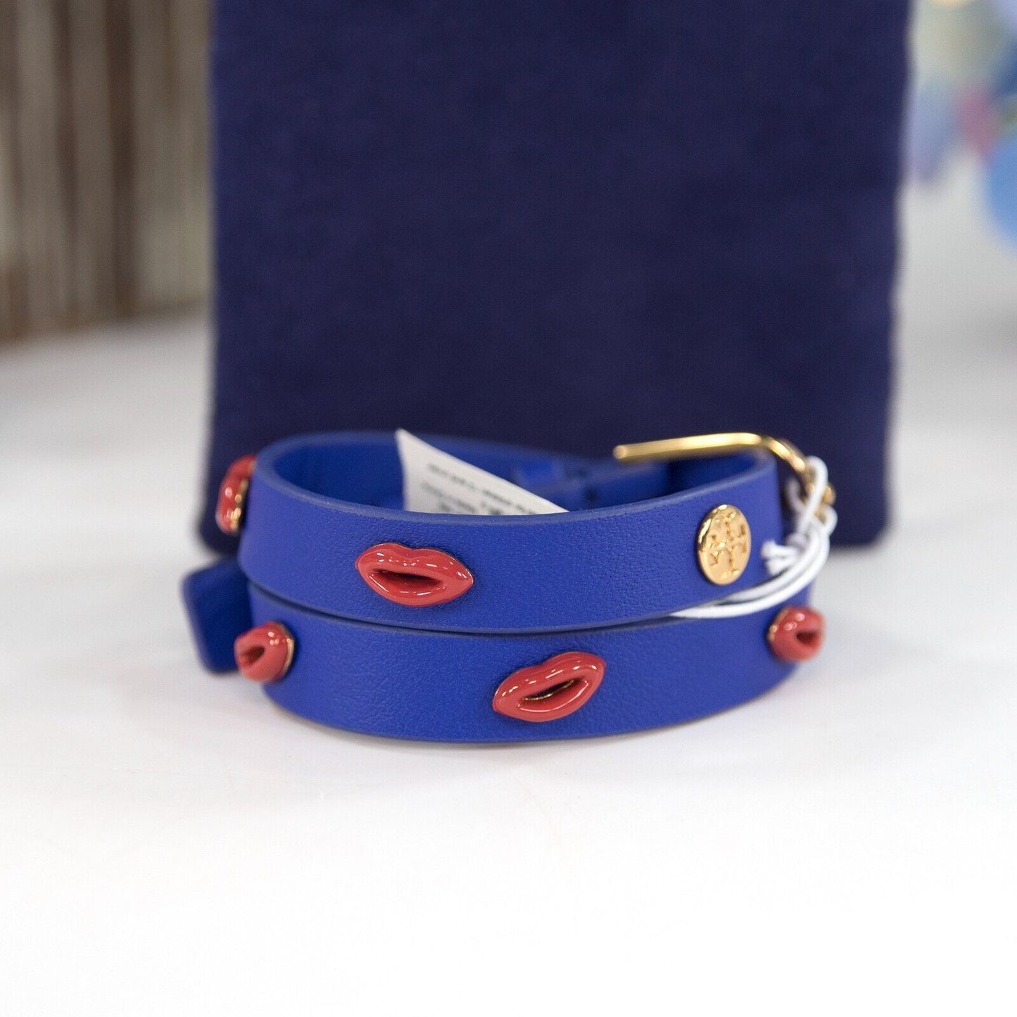 Tory Burch Jewel Blue Lips Leather Wrap Bracelet NWT