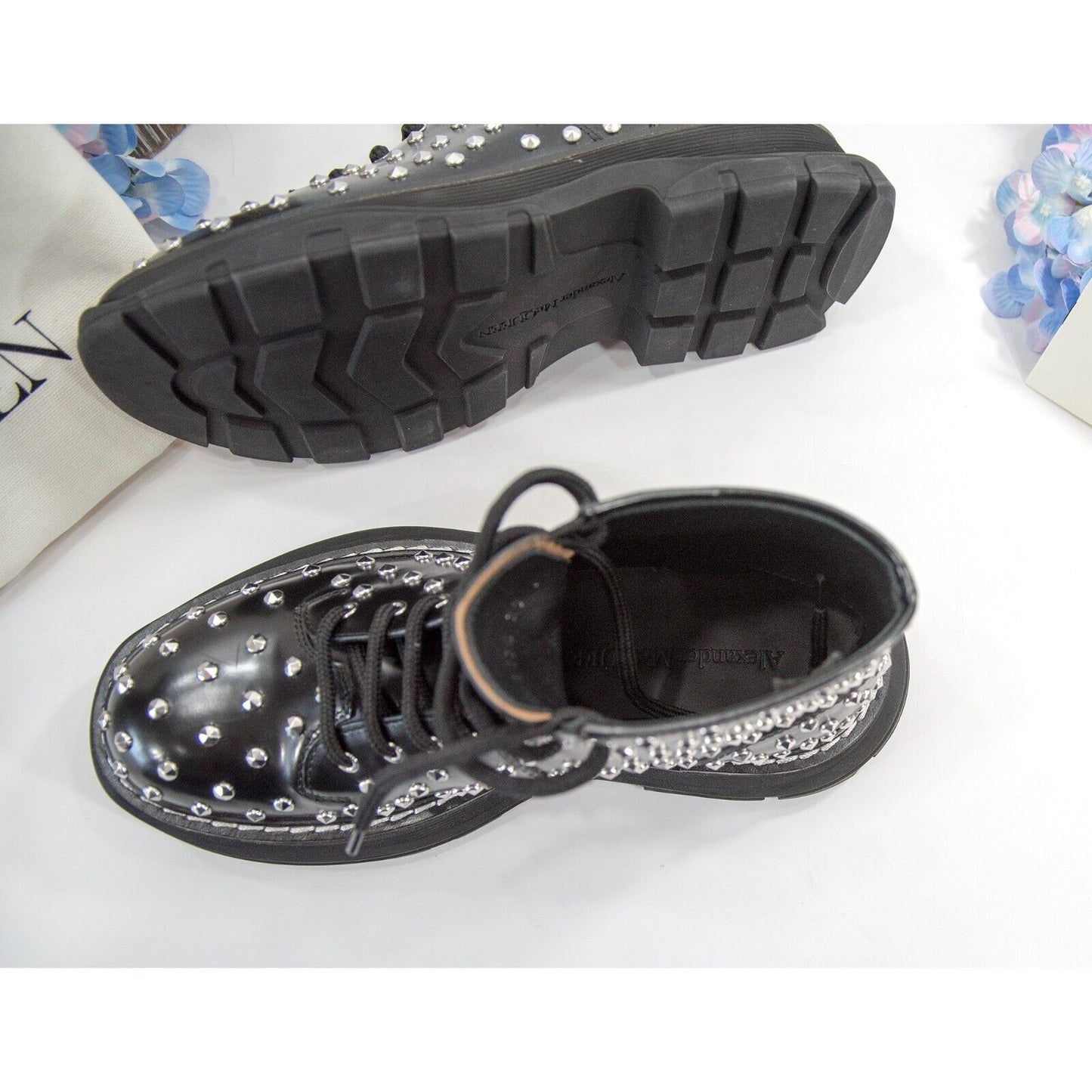 Alexander McQueen Tread Slick Studded Black Leather Lug Sole Boots 37 NIB