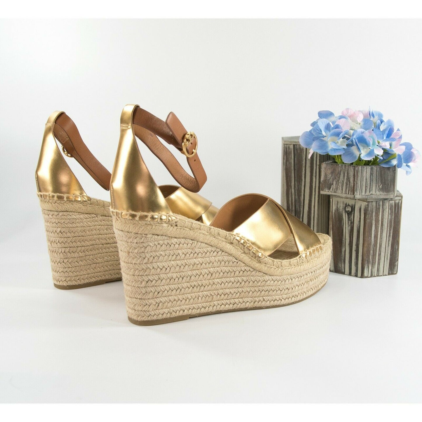 Tory Burch Selby 105MM Old Gold Calf Leather Platform Espadrille Wedge Heels 10