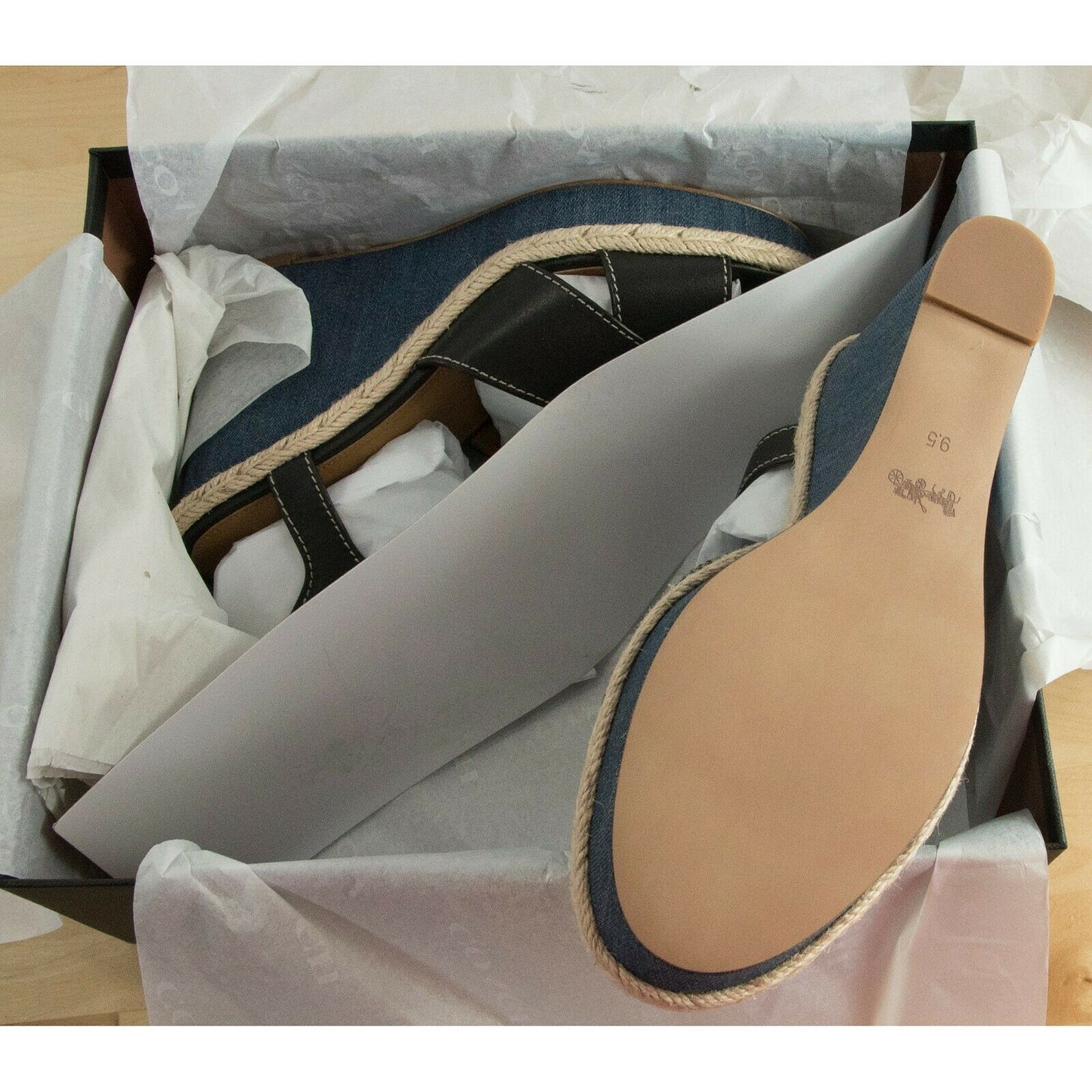 Coach Eaton Black Leather Denim Wedge Sandals Size 9.5 NIB G2232