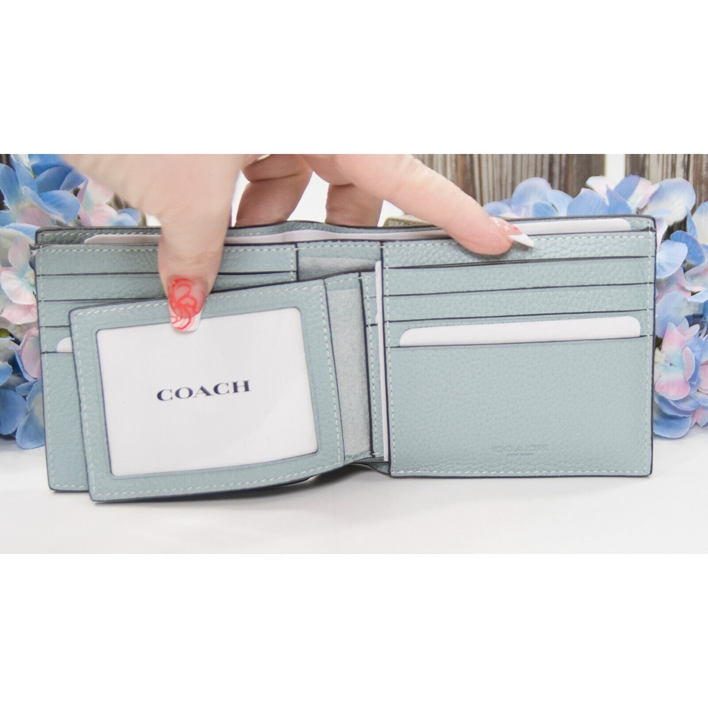 Coach Mens Logo Embossed Aqua Navy Leather Bifold Billfold Wallet NWT