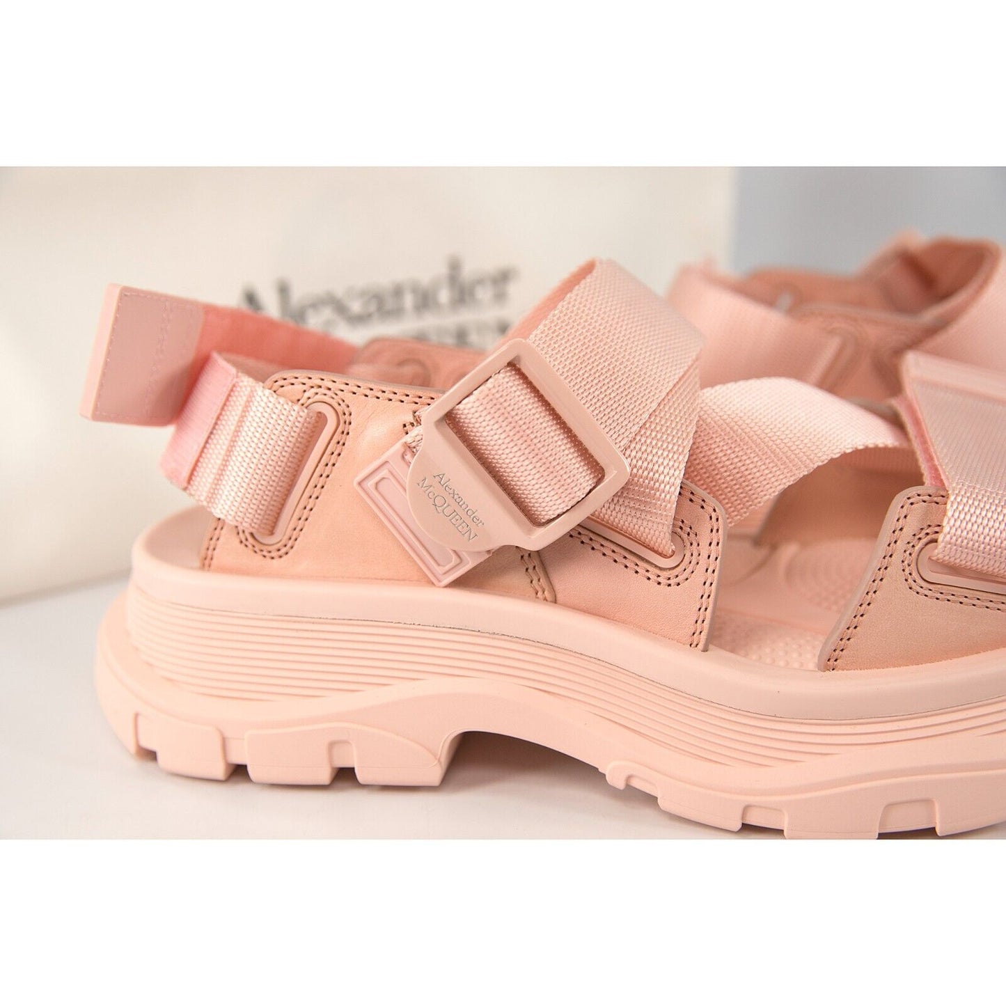 Alexander McQueen Shell Peach Hybrid Tech Leather Webbing Sandals 37 NIB
