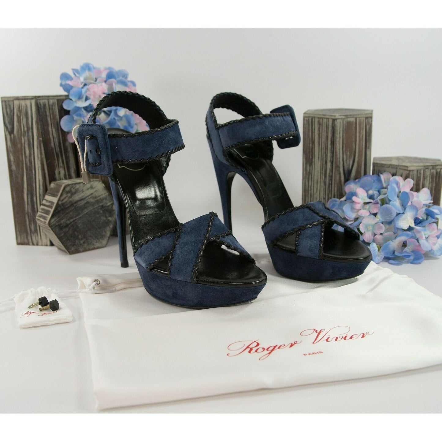 Roger Vivier Electric Blue Suede Lacey Whipstitch Platform Heels Size 40 10 NIB