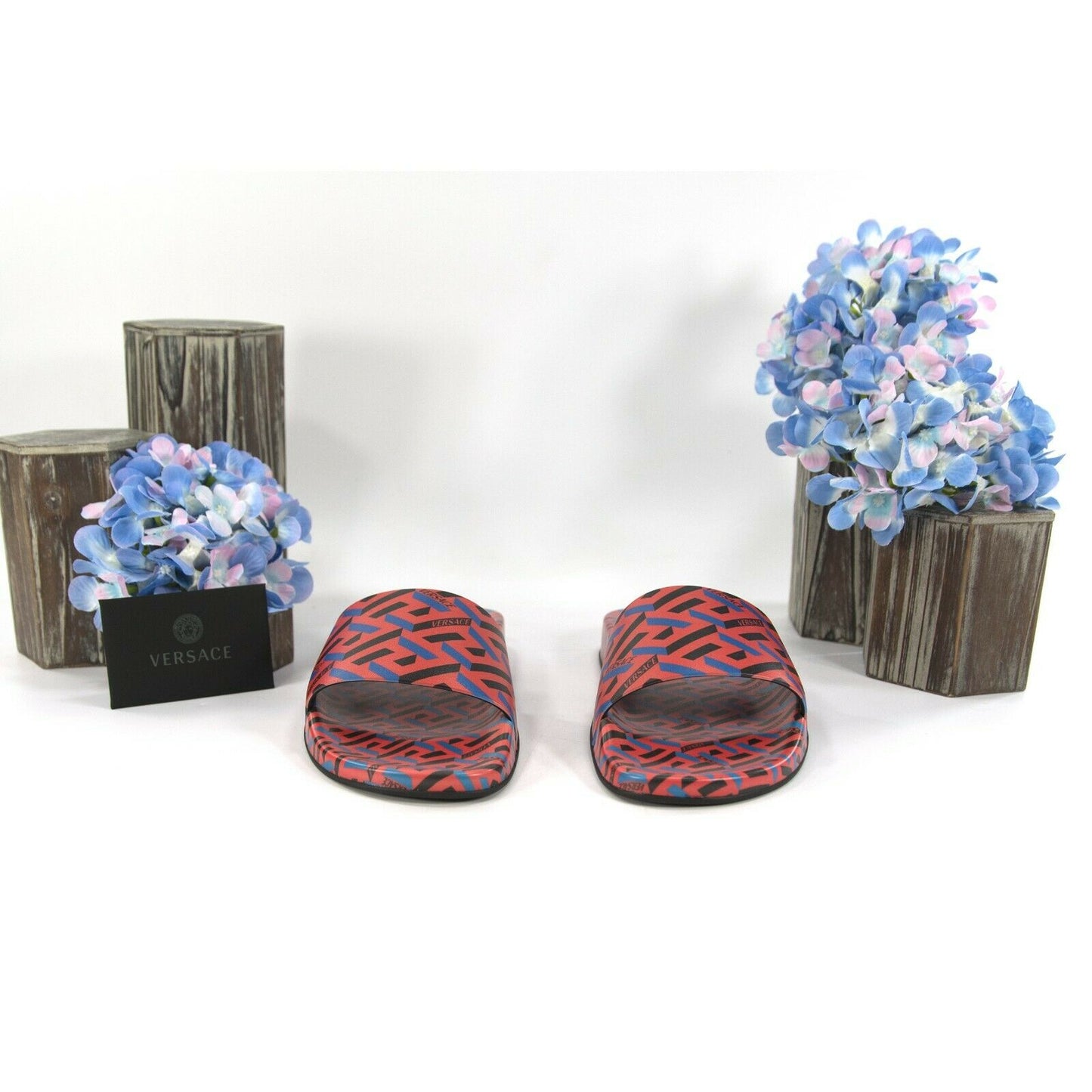 Versace Domma Stampa Greca Orange Peel Blue Logo Leather Pool Slides 37 NIB