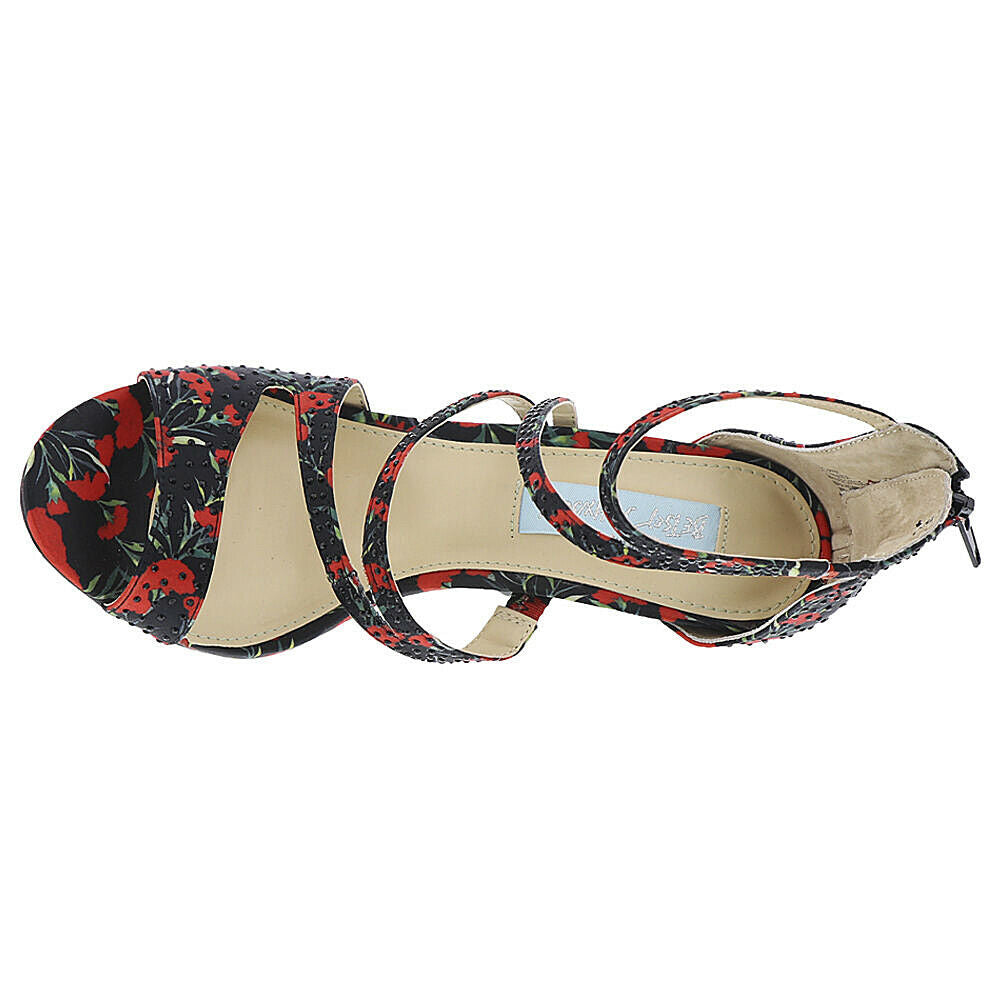 Betsey Johnson Izzy Black Red Satin Crystal Ankle Strap Stiletto Heels 6 NIB